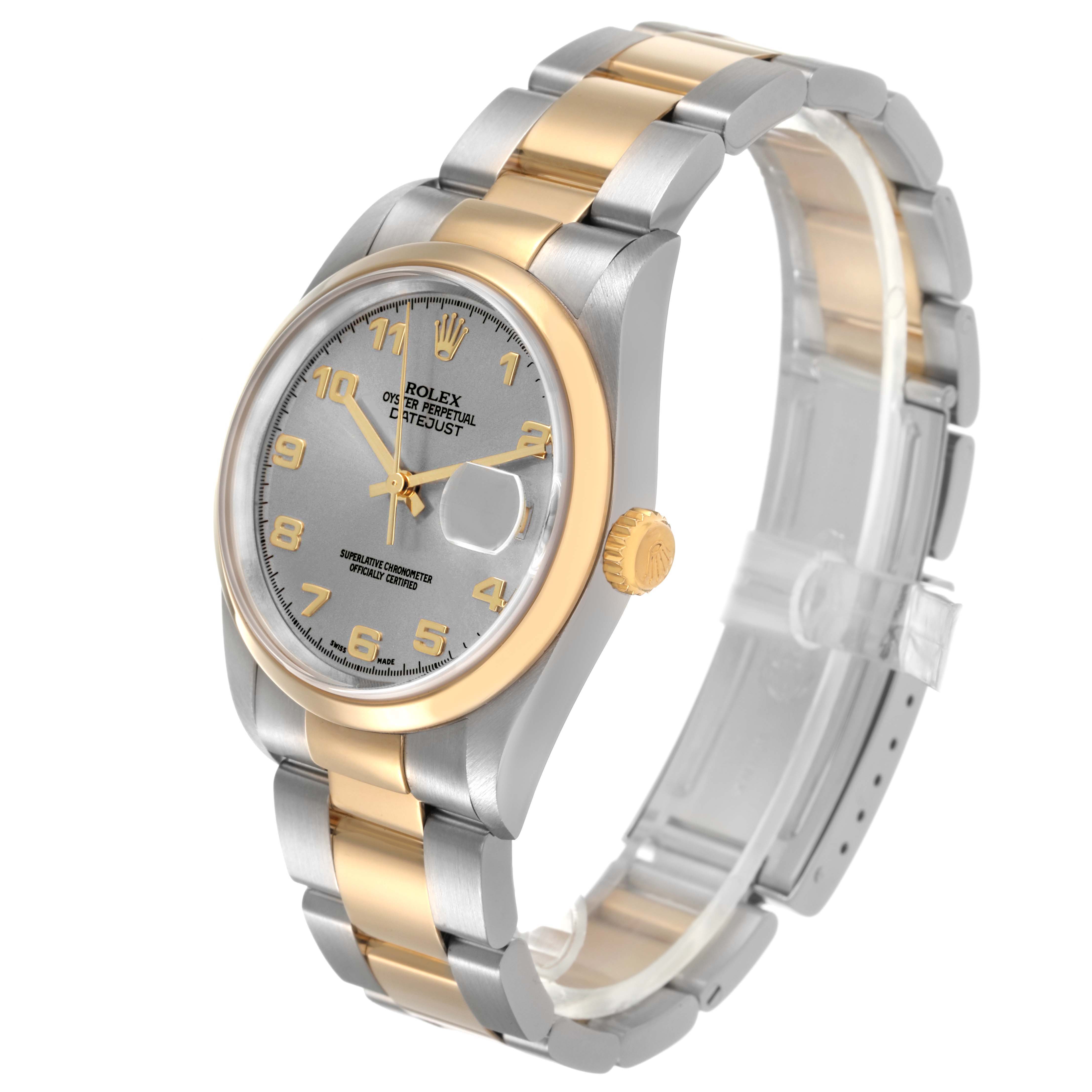 The Rolex Datejust 16203 Men's Steel and Gold (two tone) Silver Dial watch is shown at a slight angle, displaying the dial, bezel, case, and bracelet clearly.
