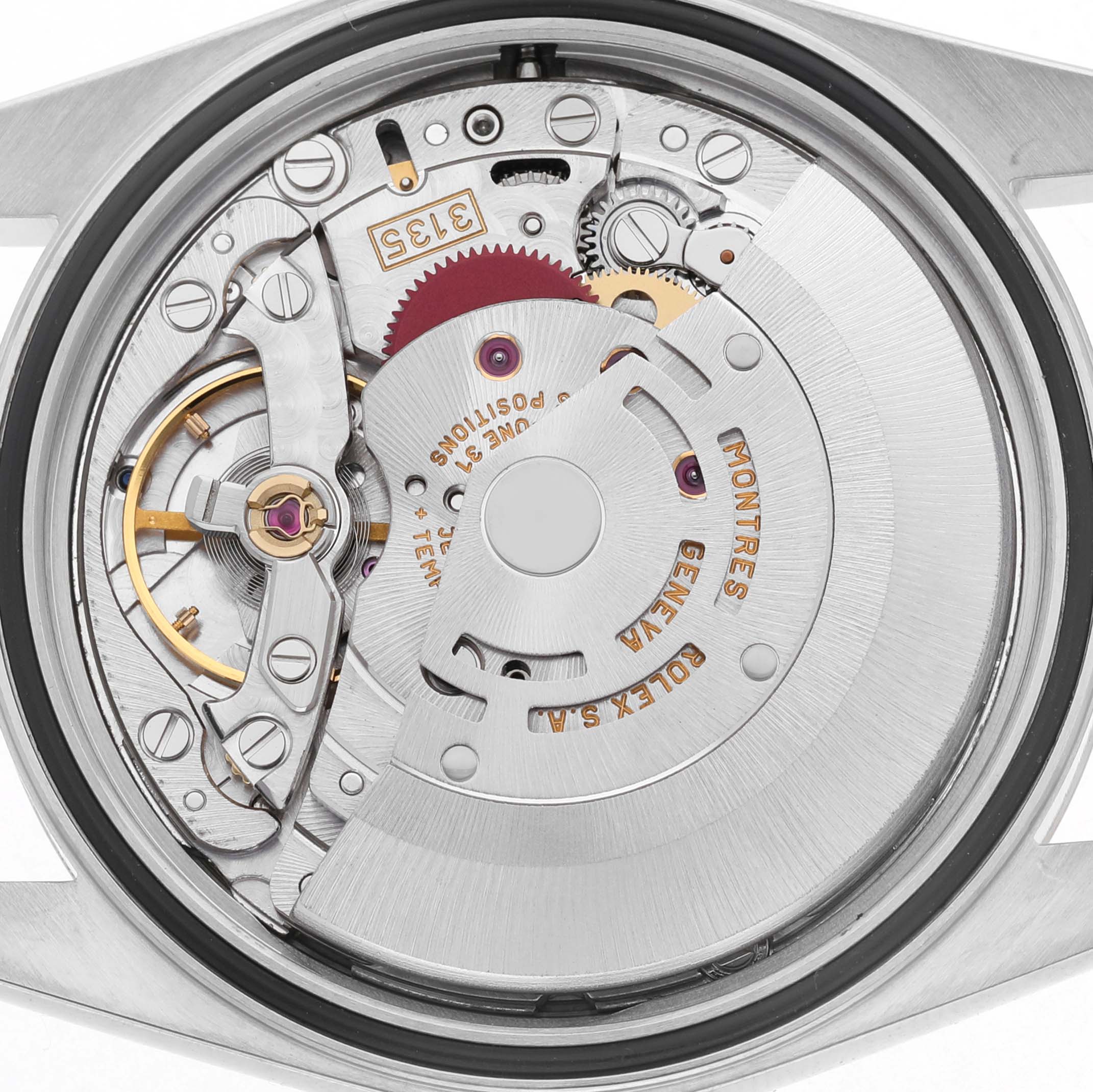 The image shows the movement of a Rolex Datejust 16203 Men's Steel and Gold (two tone) Silver Dial, highlighting gears, rotor, and engravings from a top-down angle.