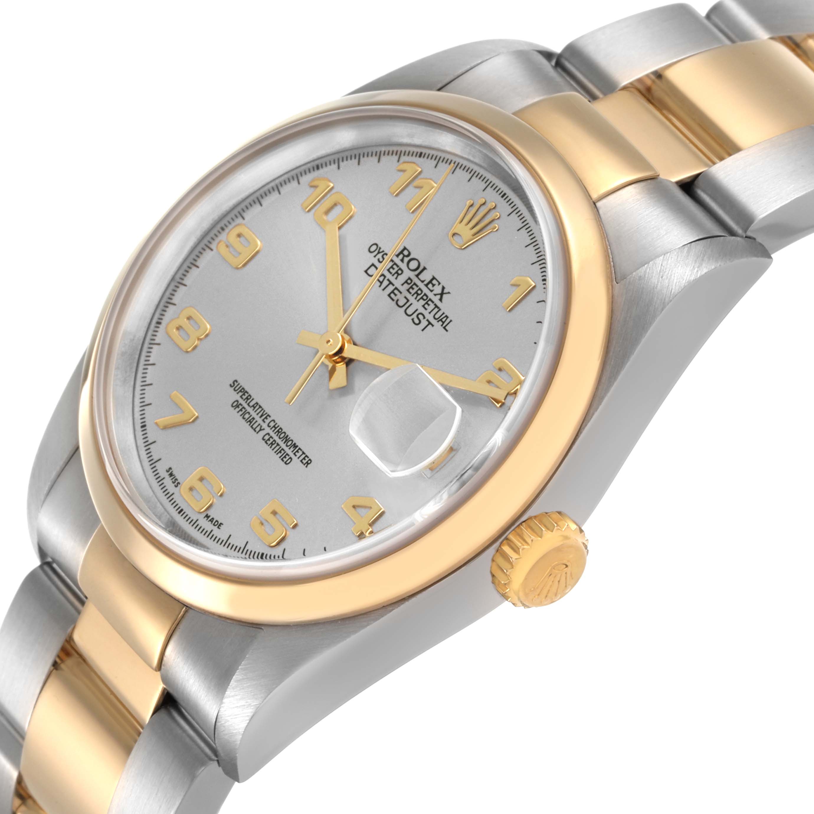 The Rolex Datejust 16203 Men's Steel and Gold (two tone) Silver Dial is shown at an angled side view, displaying the dial, bezel, crown, and part of the bracelet.