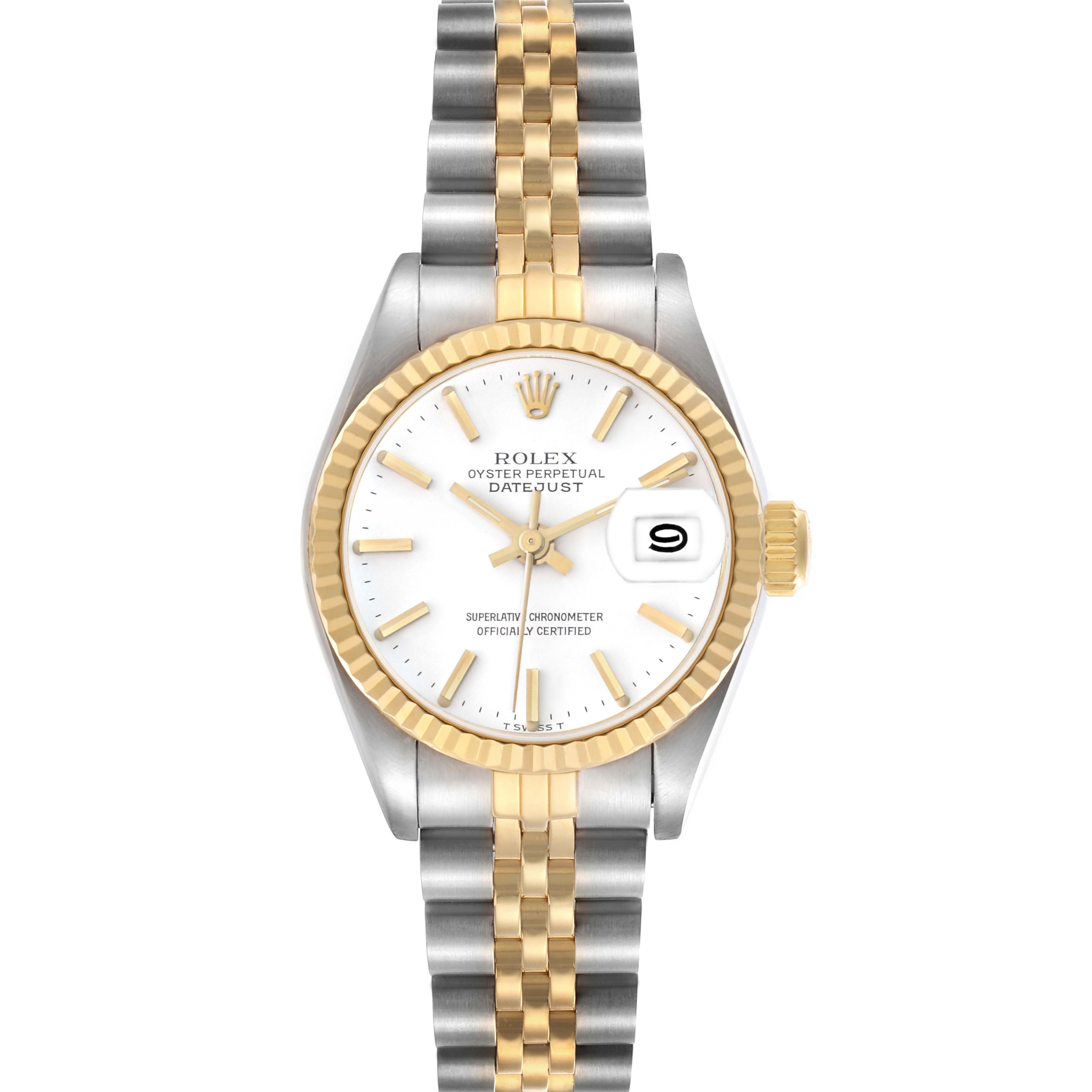 The Rolex Datejust 69173 Women's Steel and Gold (two tone) White Dial 69173 Women's Steel and Gold (two tone) White Dial watch is shown from the front, highlighting its face, bracelet, fluted bezel, and date display.