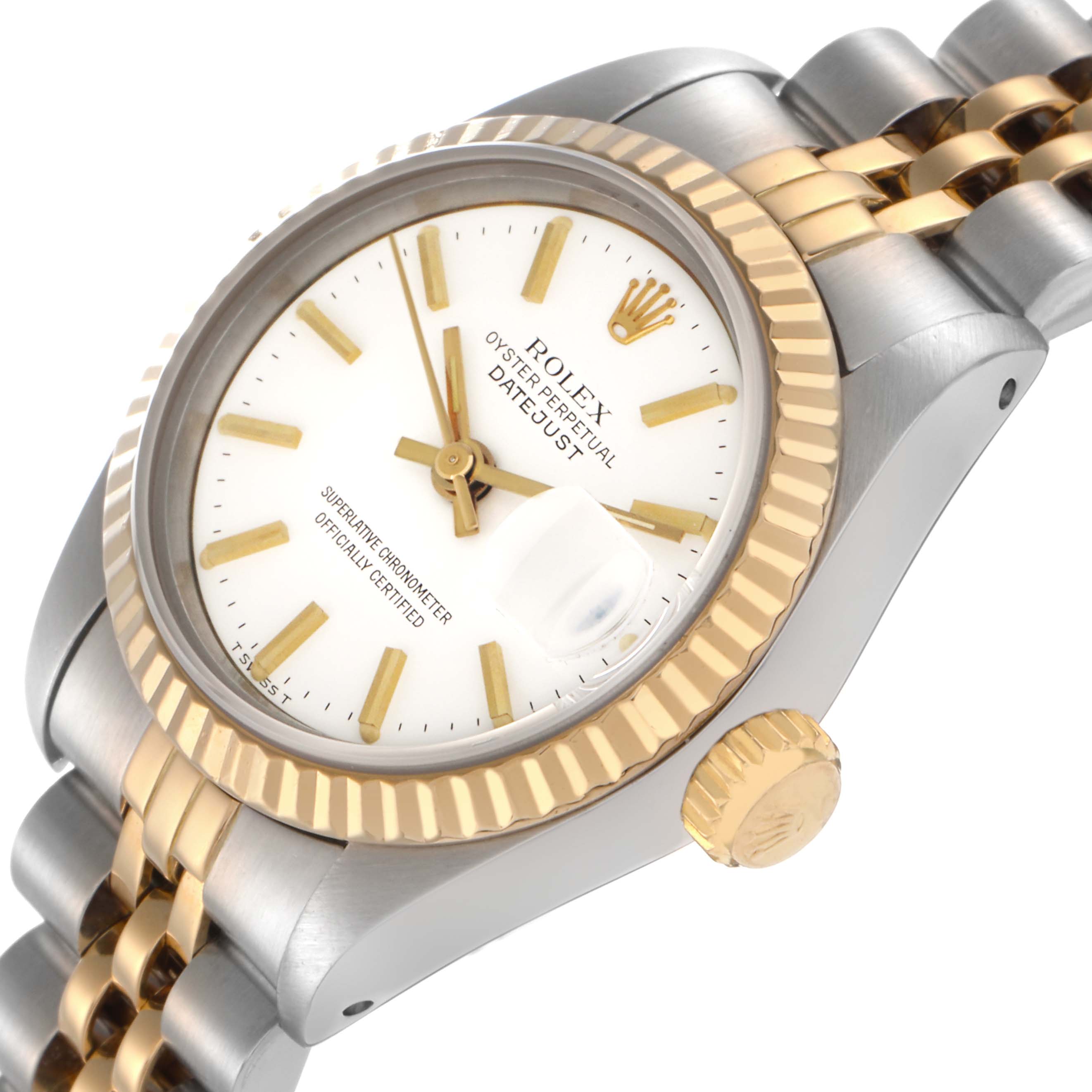 The Rolex Datejust 69173 Women's Steel and Gold (two tone) White Dial 69173 Women's Steel and Gold (two tone) White Dial watch is angled to show the dial, fluted bezel, crown, and part of the bracelet.