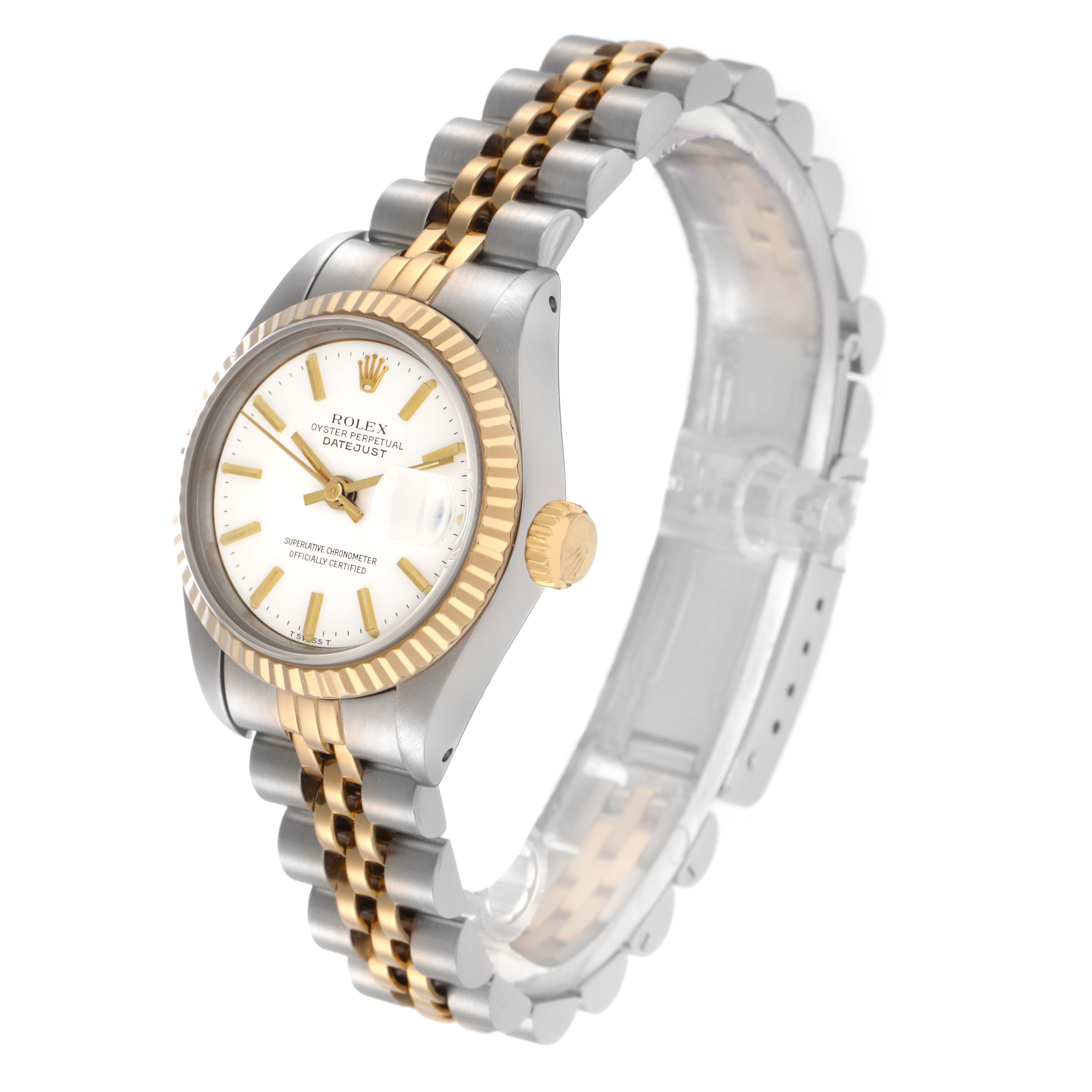 The Rolex Datejust 69173 Women's Steel and Gold (two tone) White Dial 69173 Women's Steel and Gold (two tone) White Dial watch is shown at an angled view, highlighting the bezel, crown, dial, and part of the bracelet.