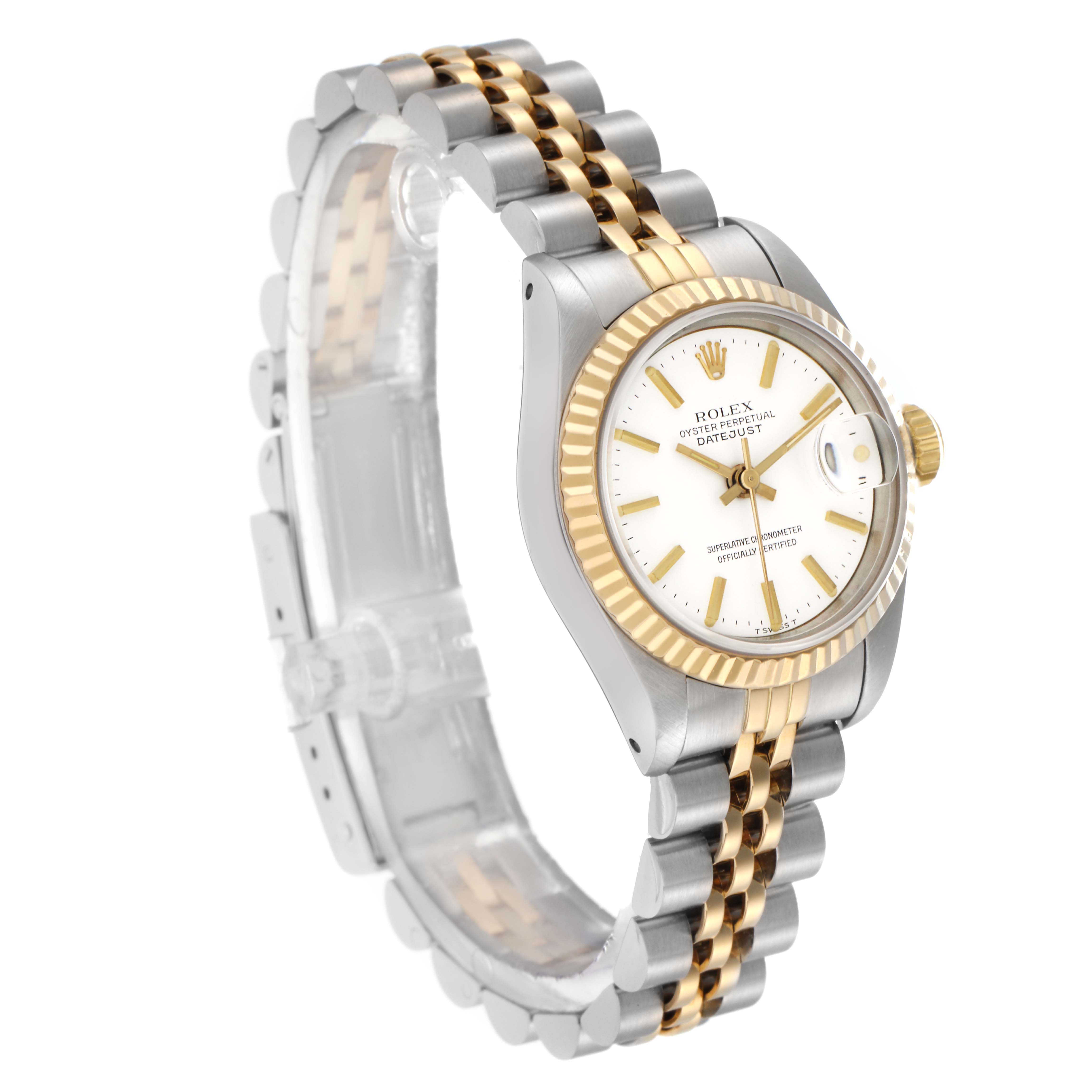 The Rolex Datejust 69173 Women's Steel and Gold (two tone) White Dial 69173 Women's Steel and Gold (two tone) White Dial watch is shown at a three-quarter angle, highlighting the face, fluted bezel, and two-tone bracelet.