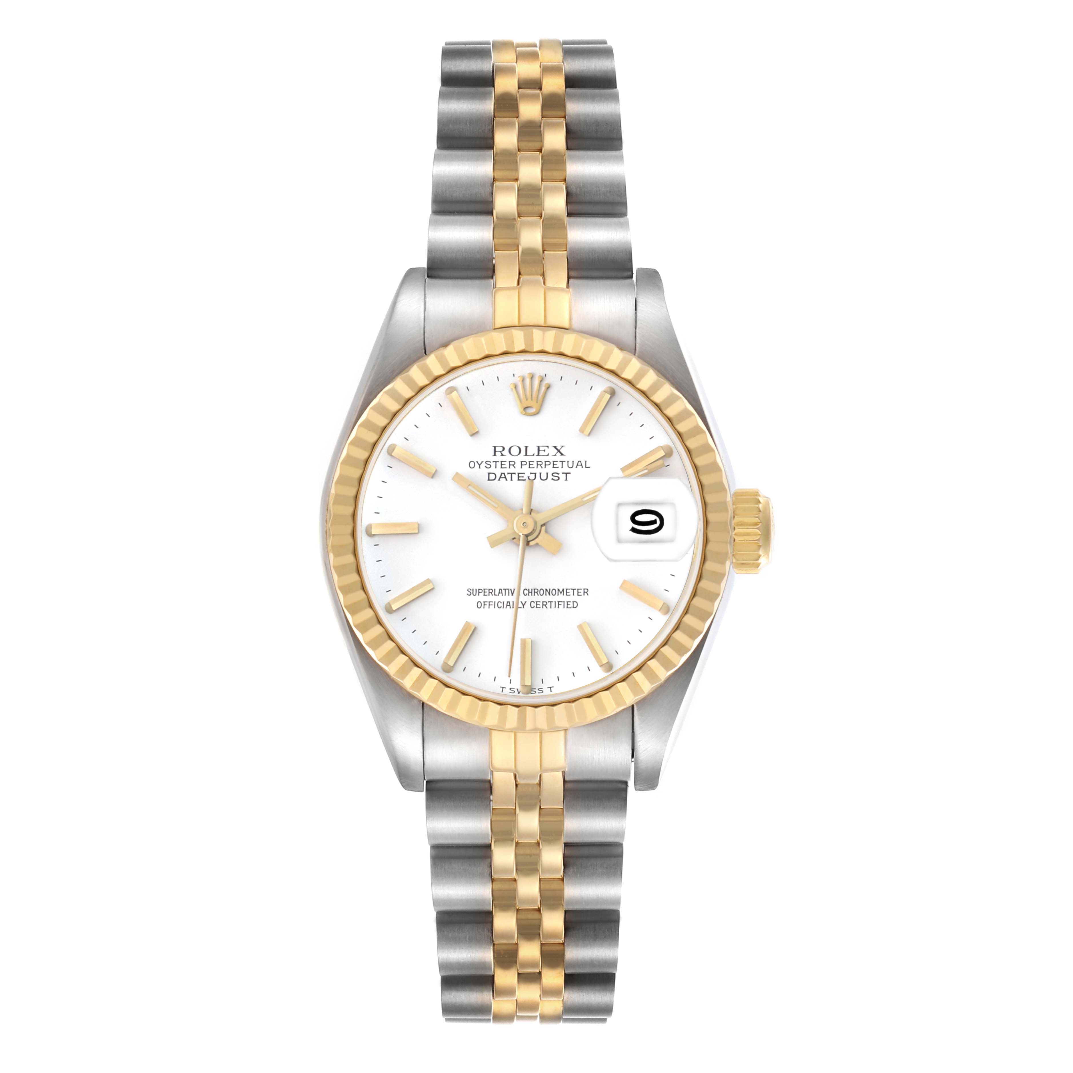 The Rolex Datejust 69173 Women's Steel and Gold (two tone) White Dial 69173 Women's Steel and Gold (two tone) White Dial watch is shown from a top-down angle, displaying the dial, bezel, bracelet, and crown.