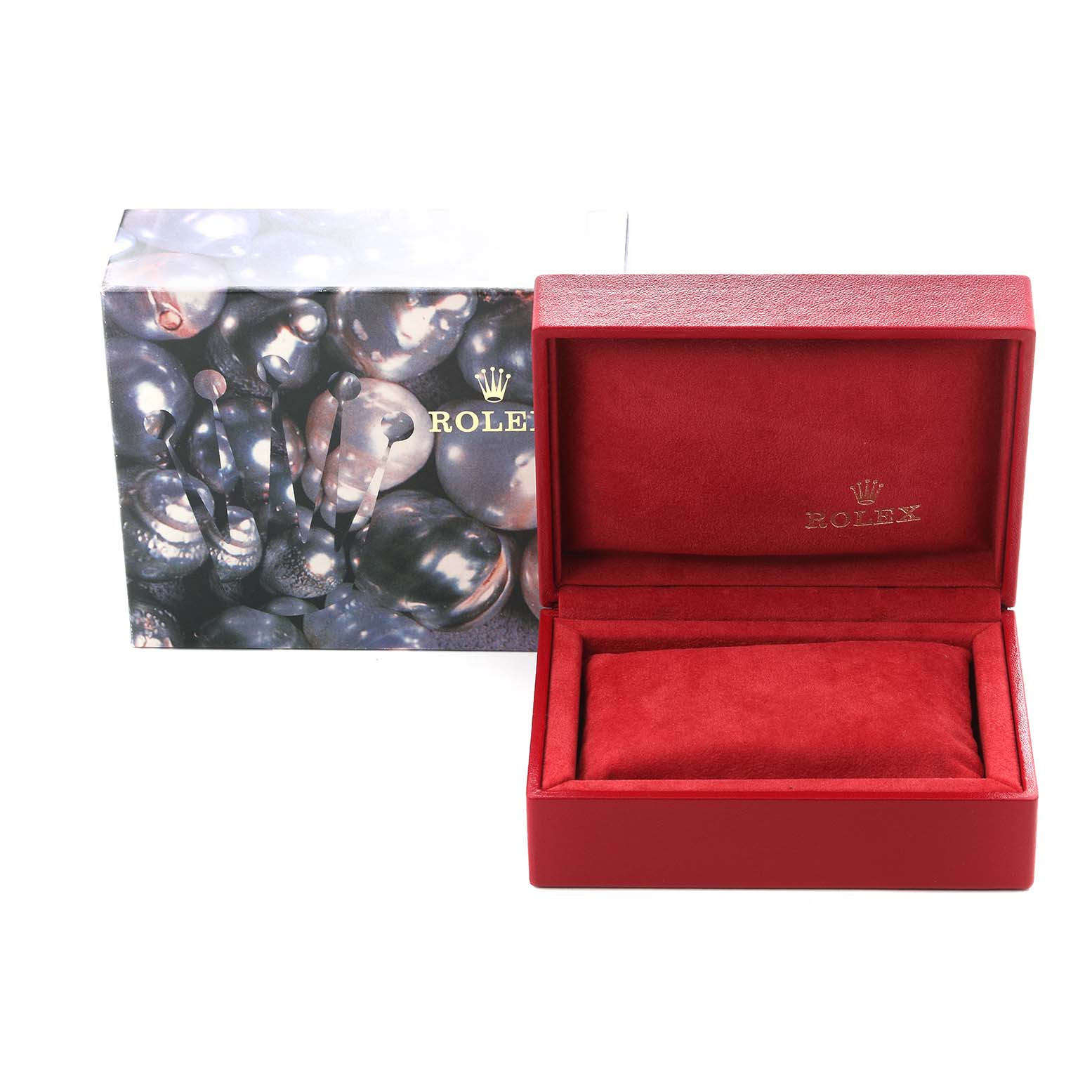 The image shows an open red Rolex Datejust 69173 Women's Steel and Gold (two tone) White Dial 69173 Women's Steel and Gold (two tone) White Dial watch box with a decorative outer box beside it.