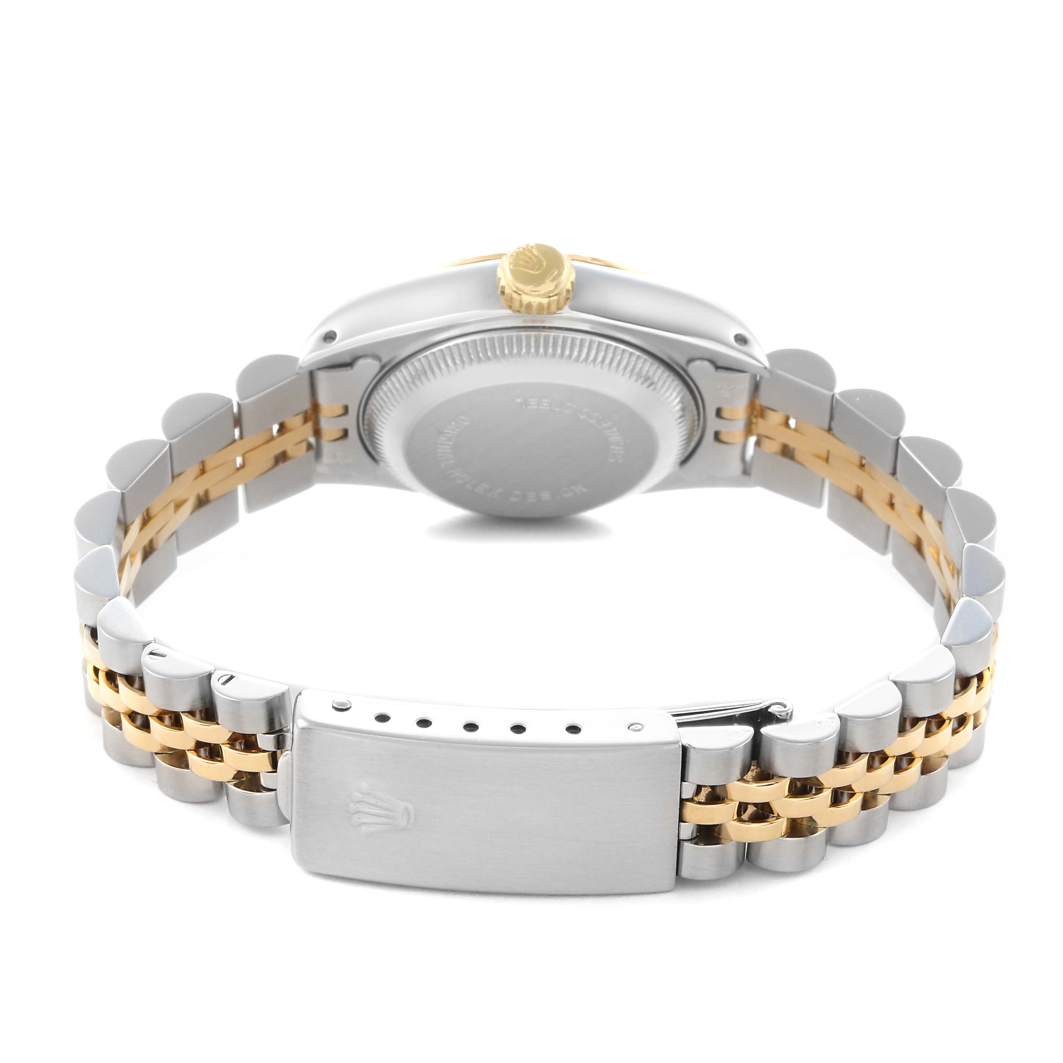 The image shows the back view of a Rolex Datejust 69173 Women's Steel and Gold (two tone) White Dial 69173 Women's Steel and Gold (two tone) White Dial, featuring the caseback, crown, and two-tone bracelet with the clasp.