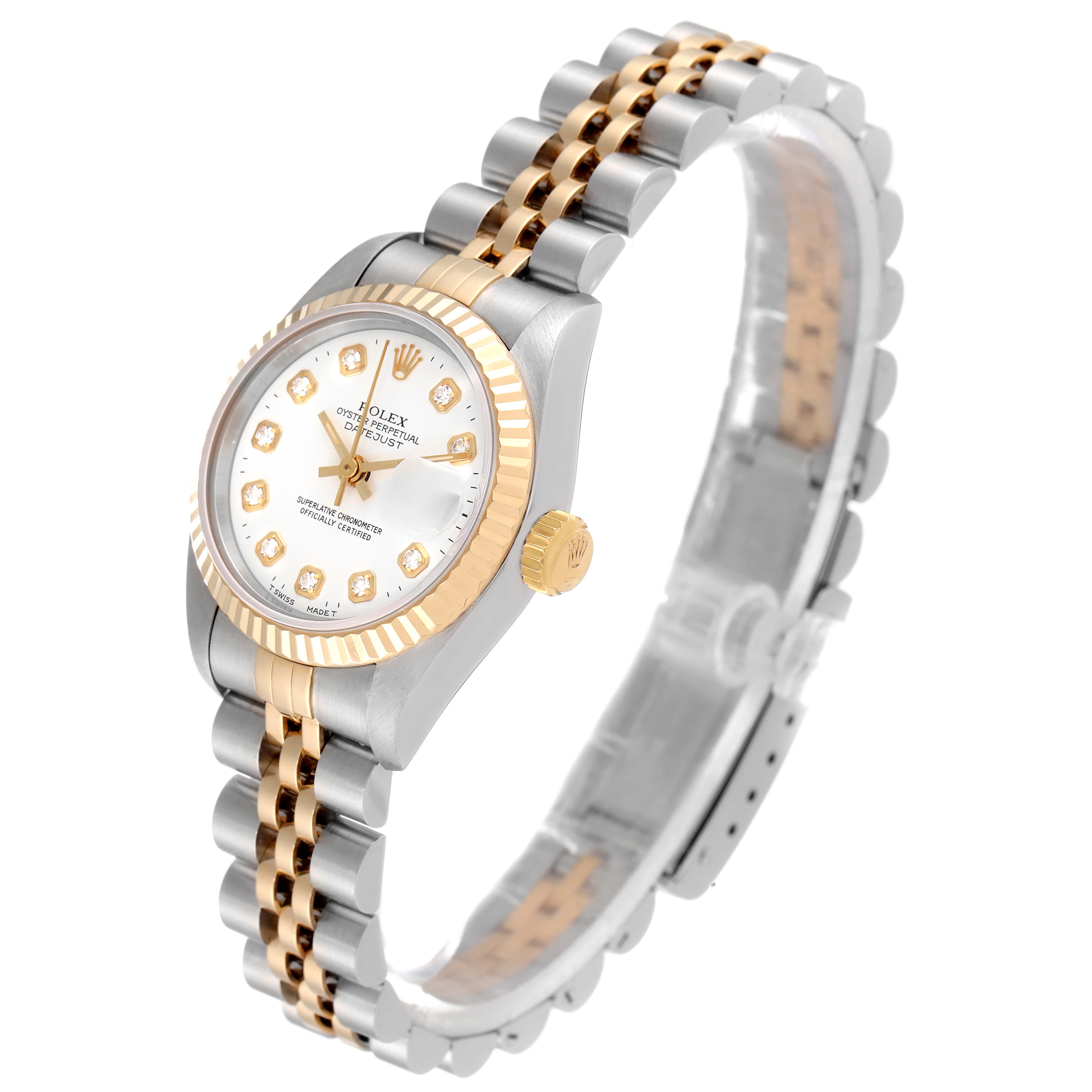 This Rolex Datejust 69173 Women
s Steel and Gold (two tone) White Dial 69173 Women
s Steel and Gold (two tone) White Dial watch is shown from a left side angle, featuring the face, crown, and two-tone bracelet.