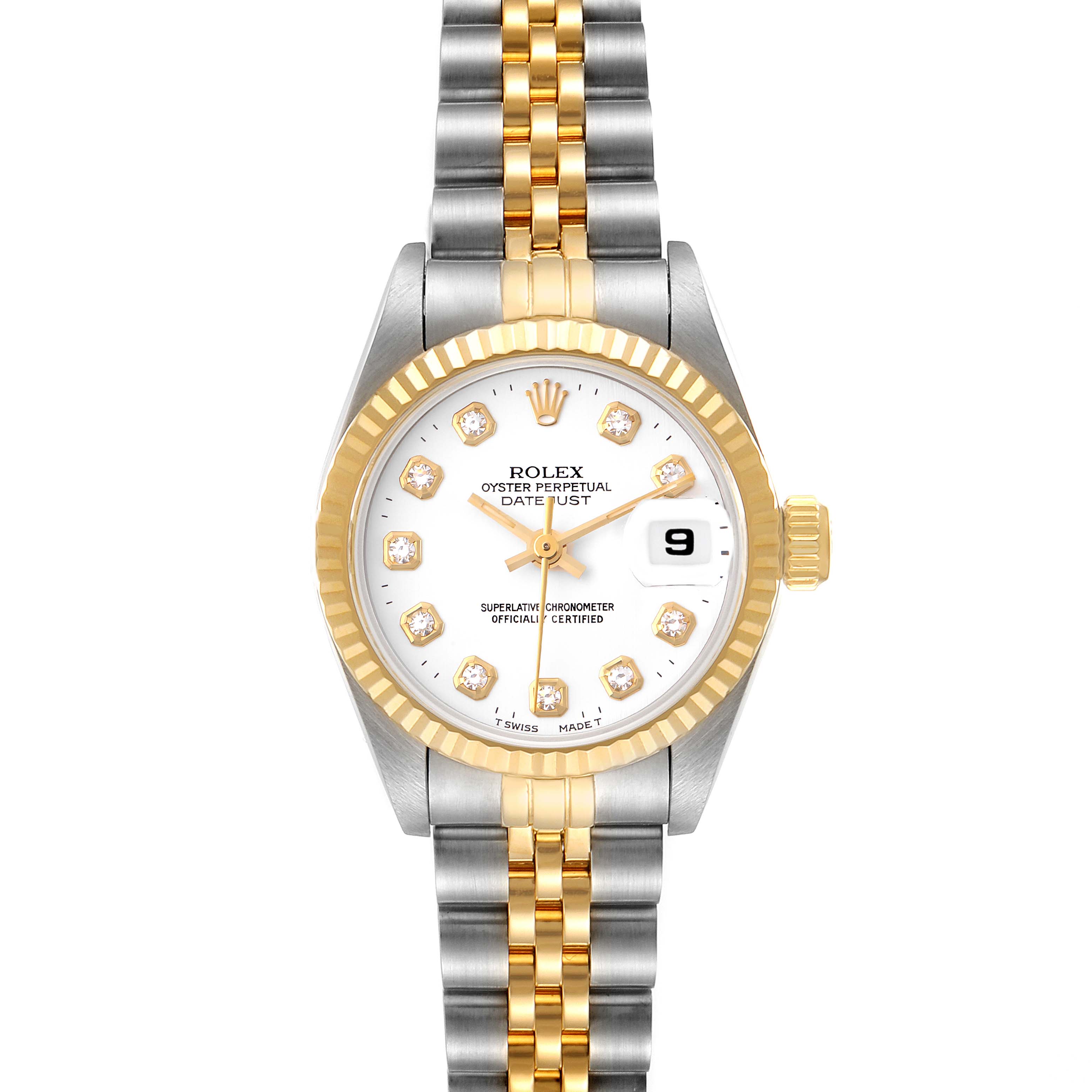 This image shows a front view of a Rolex Datejust 69173 Women
s Steel and Gold (two tone) White Dial 69173 Women
s Steel and Gold (two tone) White Dial watch with a two-tone bracelet, fluted bezel, and diamond hour markers.