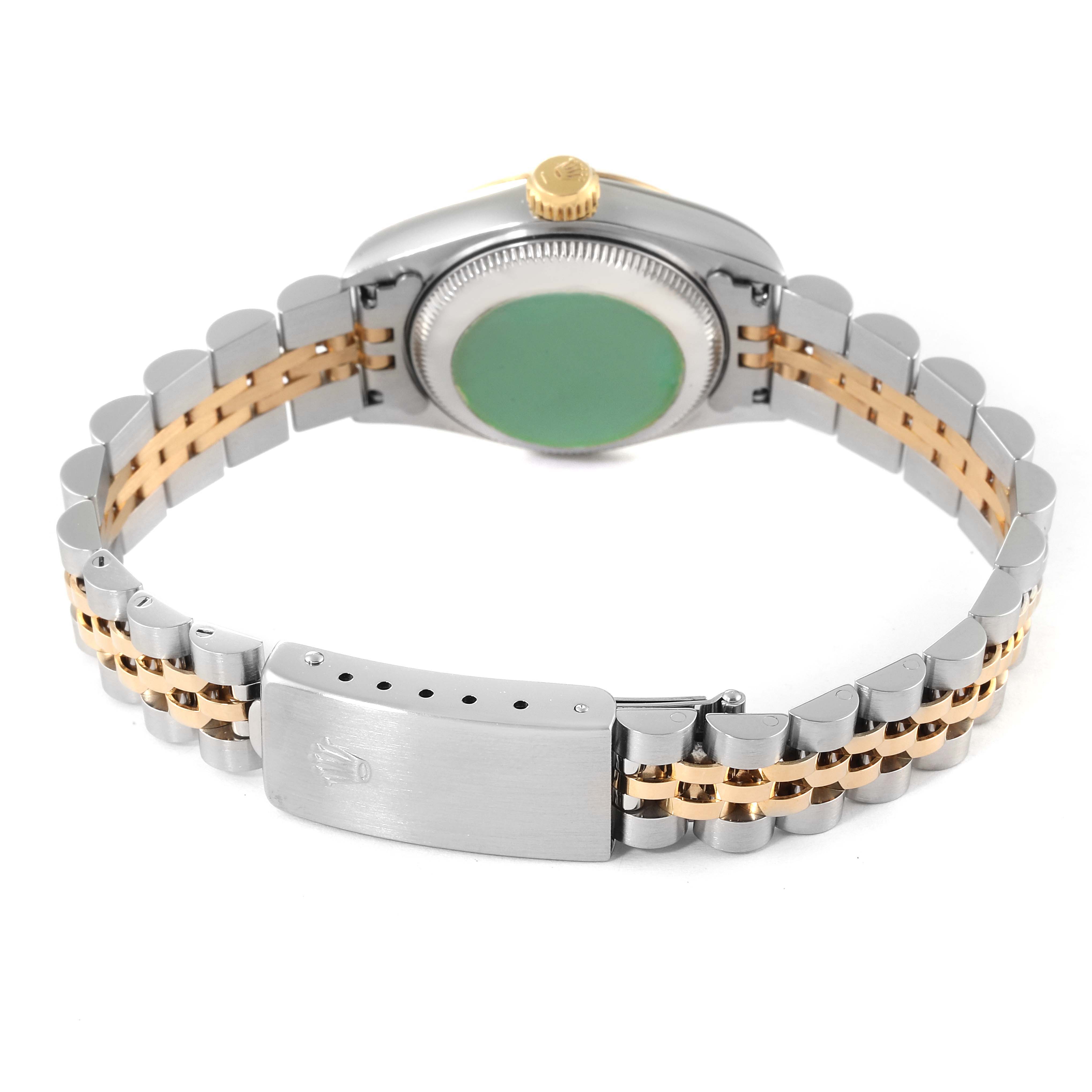 The image shows the back view of the Rolex Datejust 69173 Women
s Steel and Gold (two tone) White Dial 69173 Women
s Steel and Gold (two tone) White Dial watch, highlighting the bracelet and clasp.
