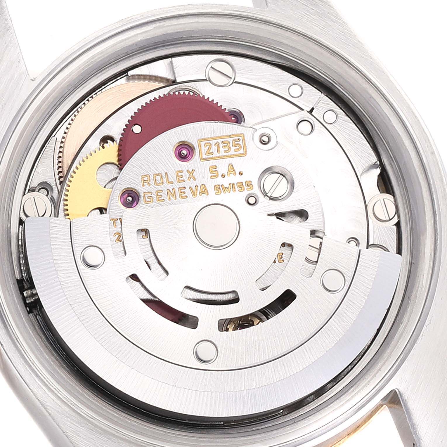 This image shows the movement mechanism of the Rolex Datejust 69173 Women
s Steel and Gold (two tone) White Dial 69173 Women
s Steel and Gold (two tone) White Dial watch from a top-down view.