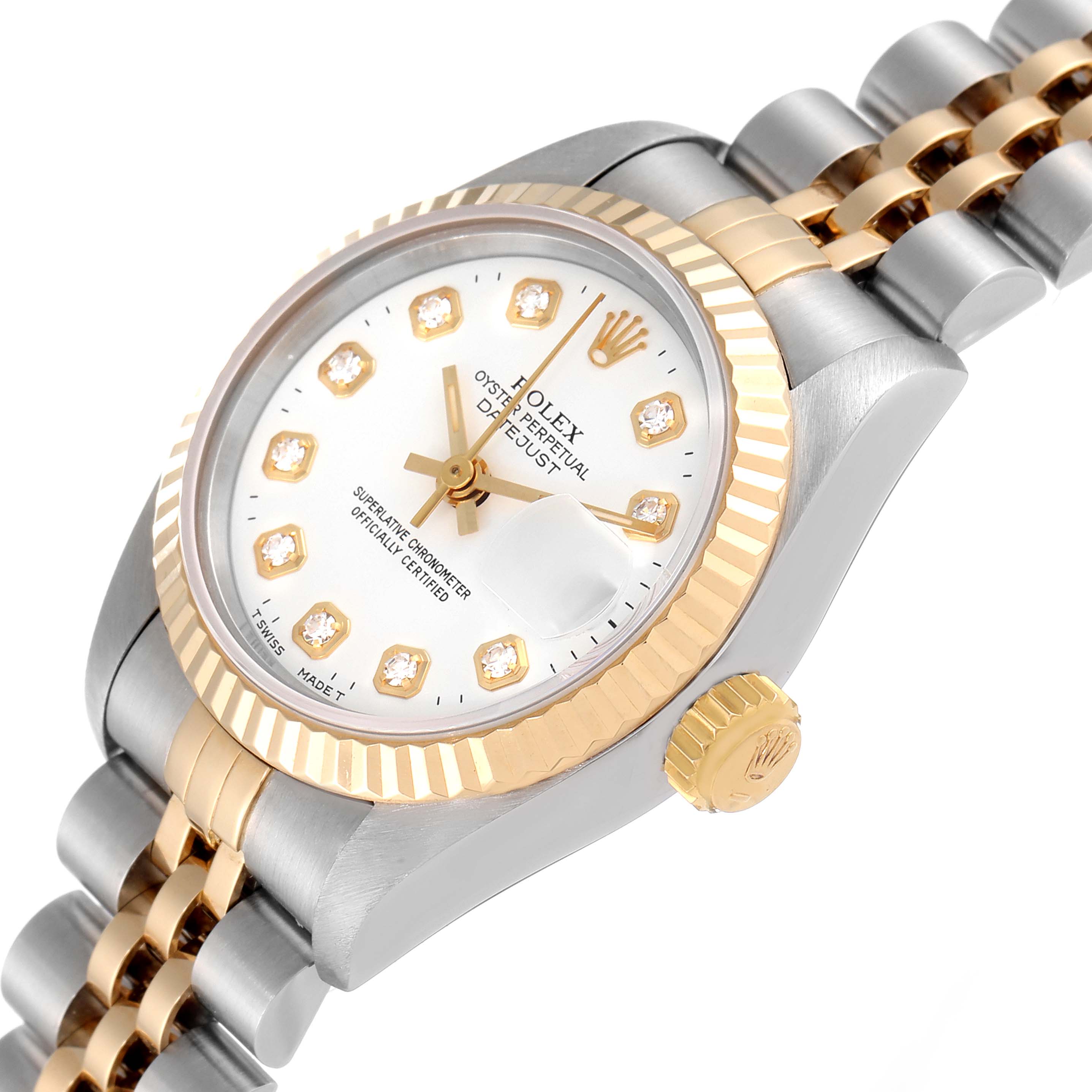 This is a close-up angled view of the Rolex Datejust 69173 Women
s Steel and Gold (two tone) White Dial 69173 Women
s Steel and Gold (two tone) White Dial watch, highlighting its dial, fluted bezel, and jubilee bracelet.