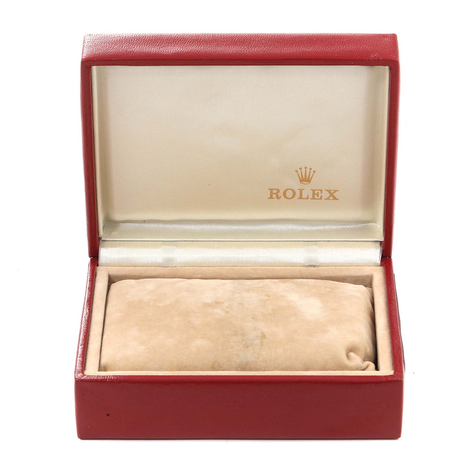 The image shows an open Rolex Datejust 69173 Women
s Steel and Gold (two tone) White Dial 69173 Women
s Steel and Gold (two tone) White Dial watch box with a cushioned interior and the Rolex logo inside the lid.