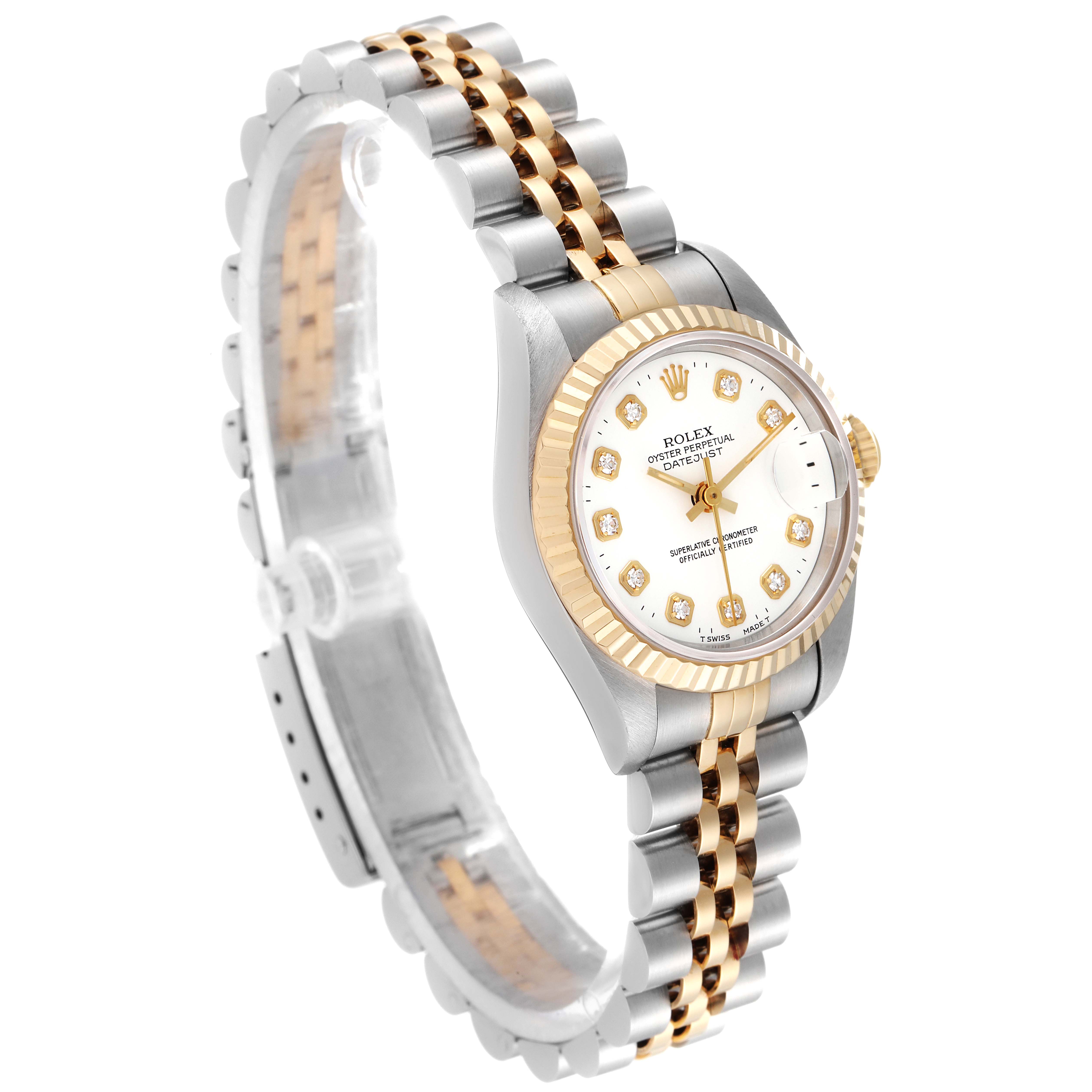 The image shows a side view of the Rolex Datejust 69173 Women
s Steel and Gold (two tone) White Dial 69173 Women
s Steel and Gold (two tone) White Dial watch, highlighting its two-tone bracelet and detailed dial.