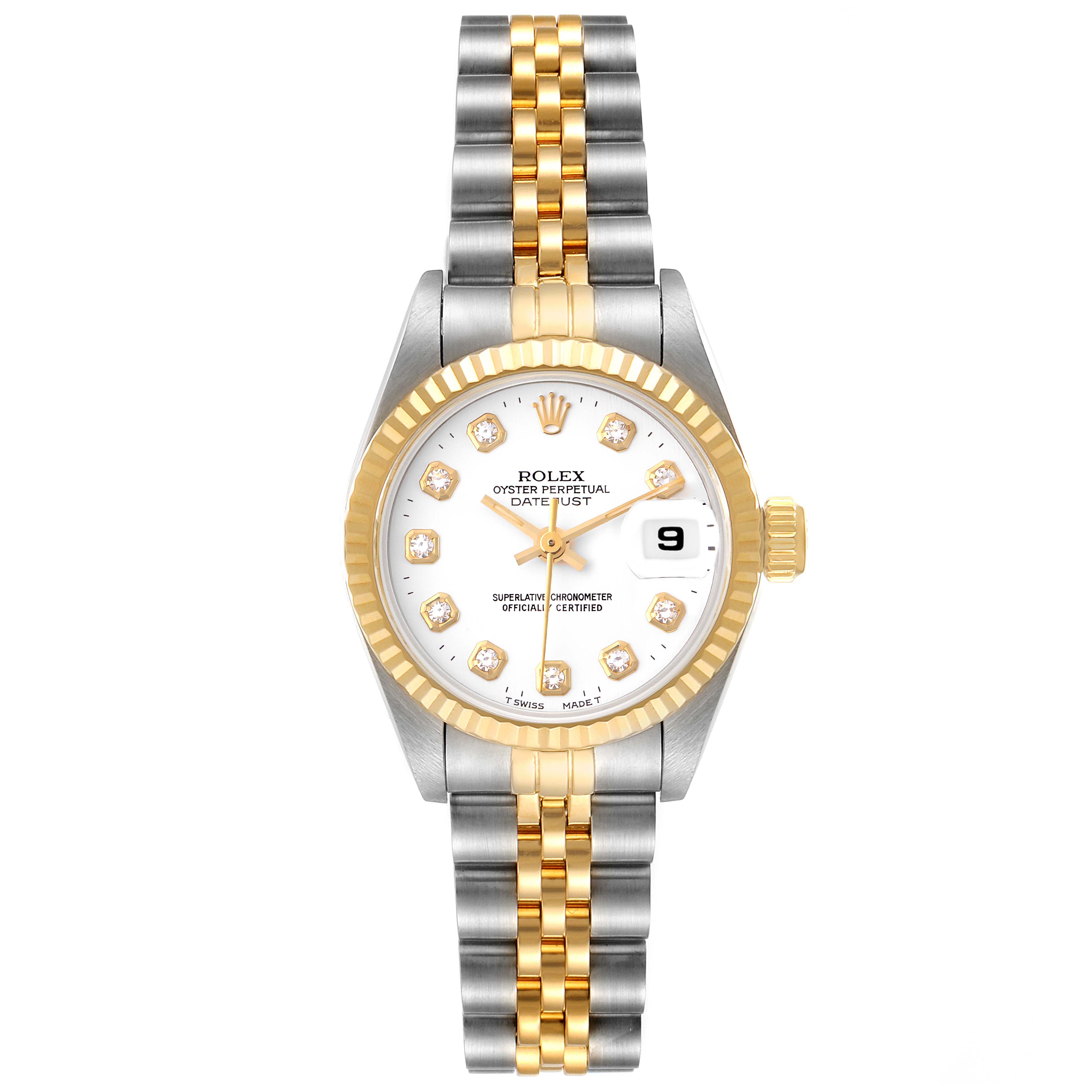 This Rolex Datejust 69173 Women
s Steel and Gold (two tone) White Dial 69173 Women
s Steel and Gold (two tone) White Dial model is shown from a front angle, displaying the face, bezel, and bi-metal Jubilee bracelet.