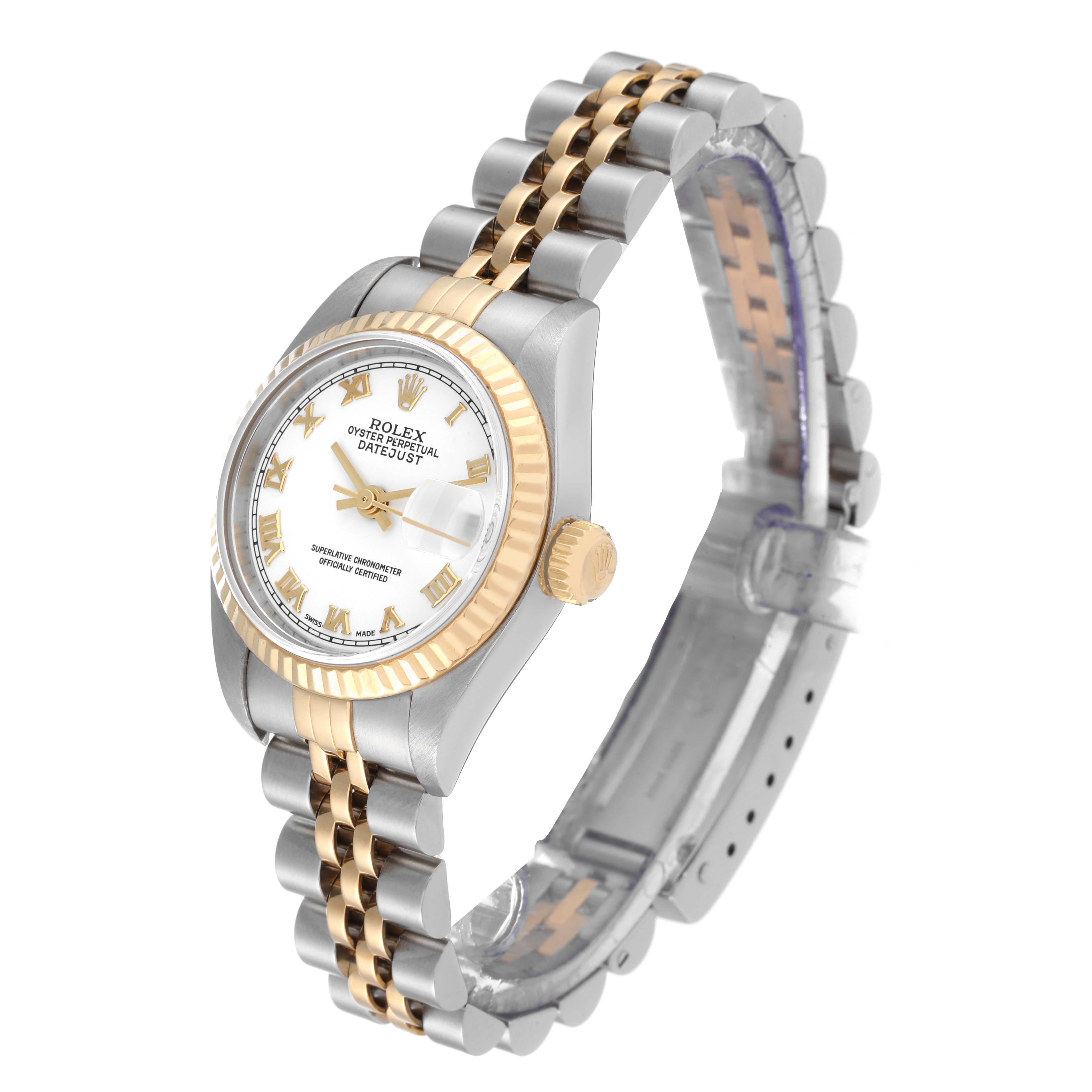 The image shows a Rolex Datejust 79173 Women's Steel and Gold (two tone) White Dial 79173 Women's Steel and Gold (two tone) White Dial watch in a side angle, displaying its two-tone bracelet, case, fluted bezel, and dial.