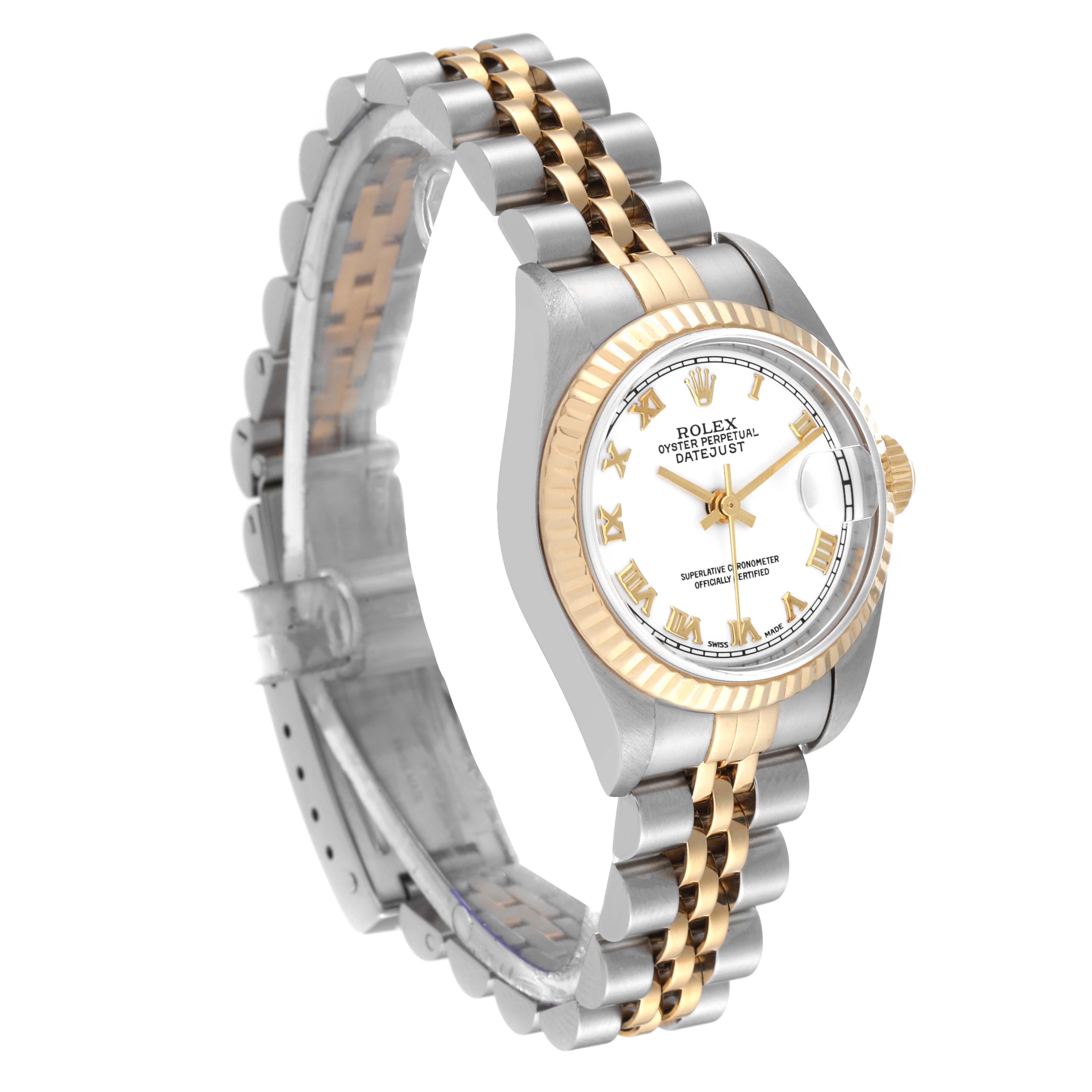 The Rolex Datejust 79173 Women's Steel and Gold (two tone) White Dial 79173 Women's Steel and Gold (two tone) White Dial watch is shown at an oblique angle displaying the case, fluted bezel, and part of the Jubilee bracelet.