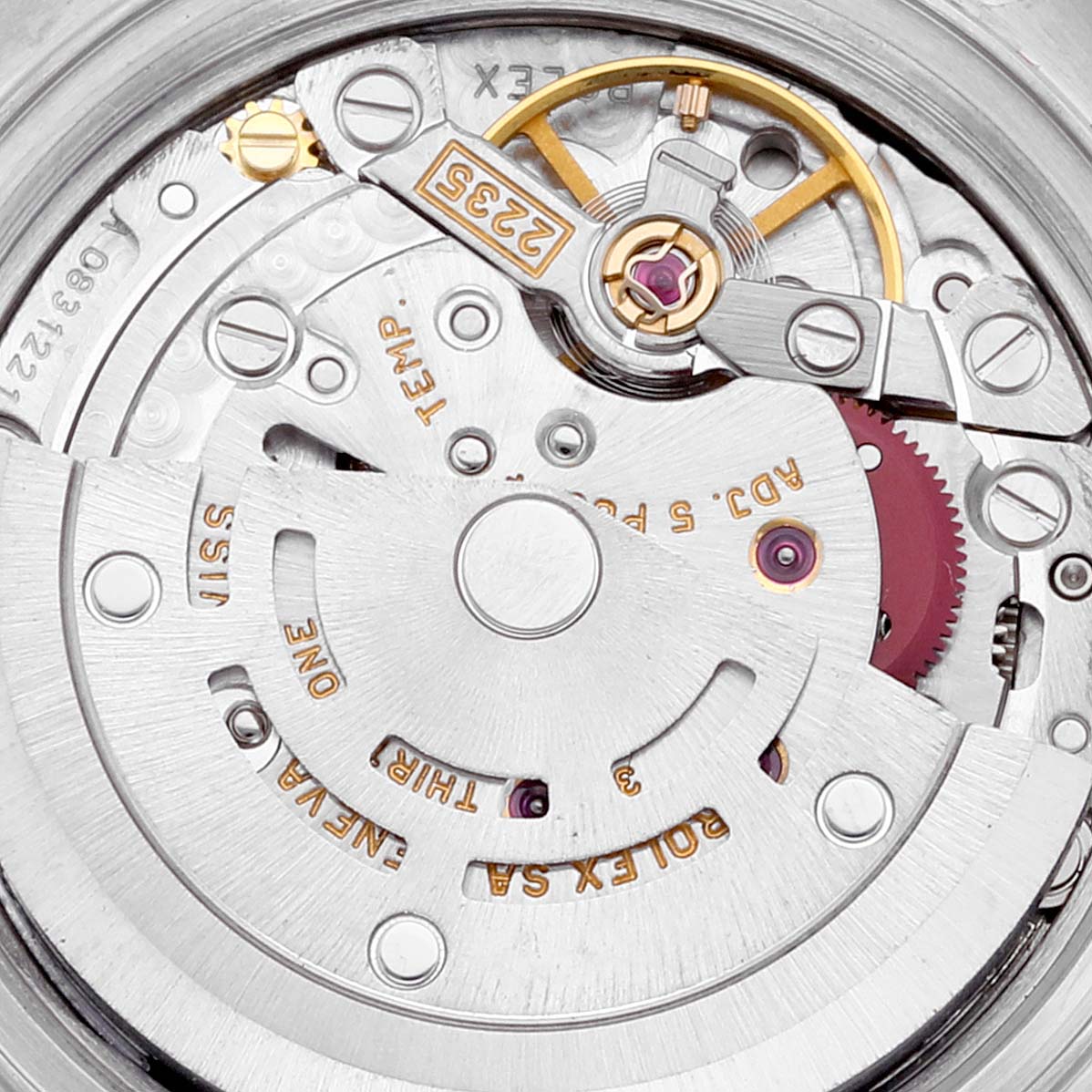 Close-up of the internal mechanism and rotor of a Rolex Datejust 79173 Women's Steel and Gold (two tone) White Dial 79173 Women's Steel and Gold (two tone) White Dial watch, showcasing the intricate details.