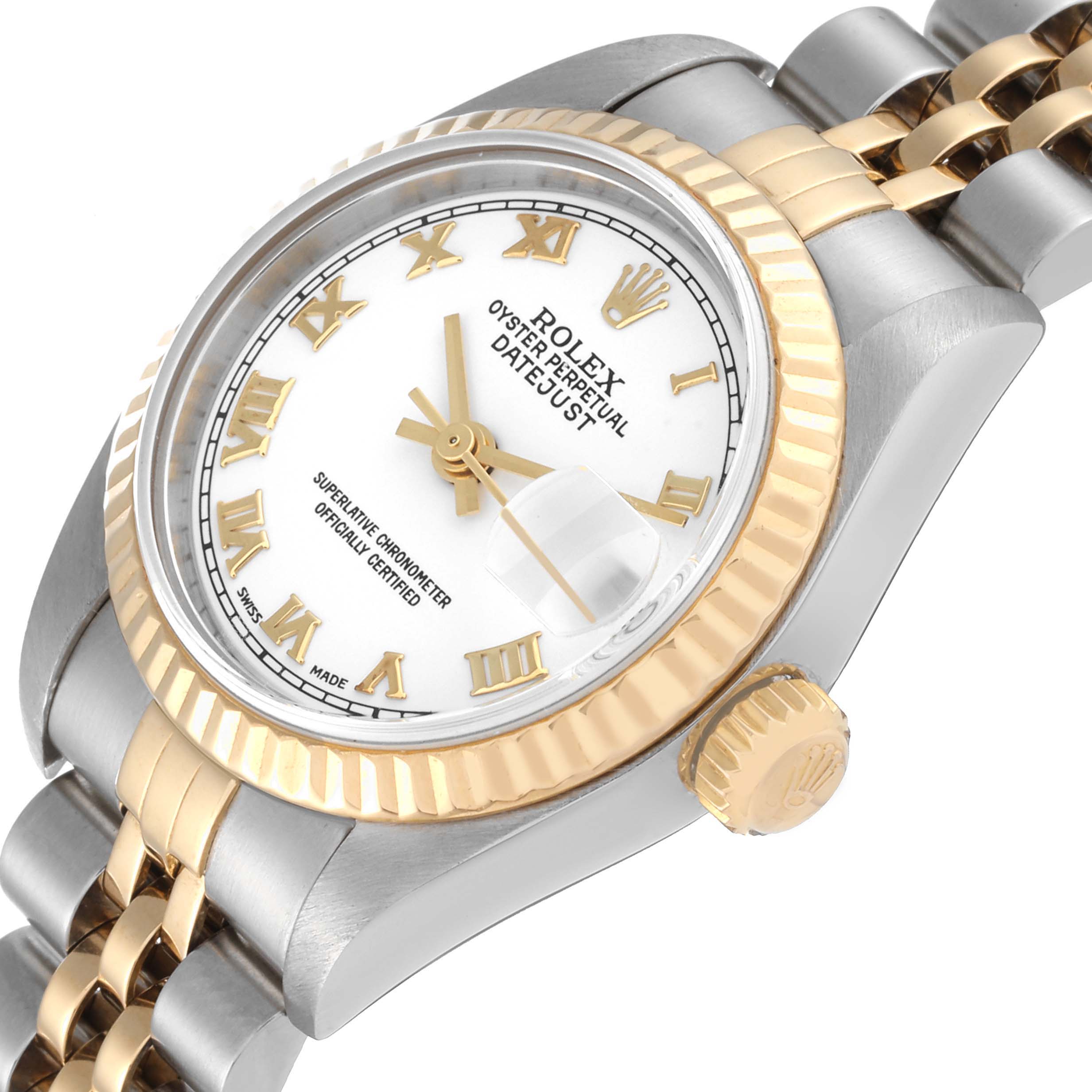 The image shows a close-up angled view of a Rolex Datejust 79173 Women's Steel and Gold (two tone) White Dial 79173 Women's Steel and Gold (two tone) White Dial watch, highlighting the face, bezel, and part of the bracelet.