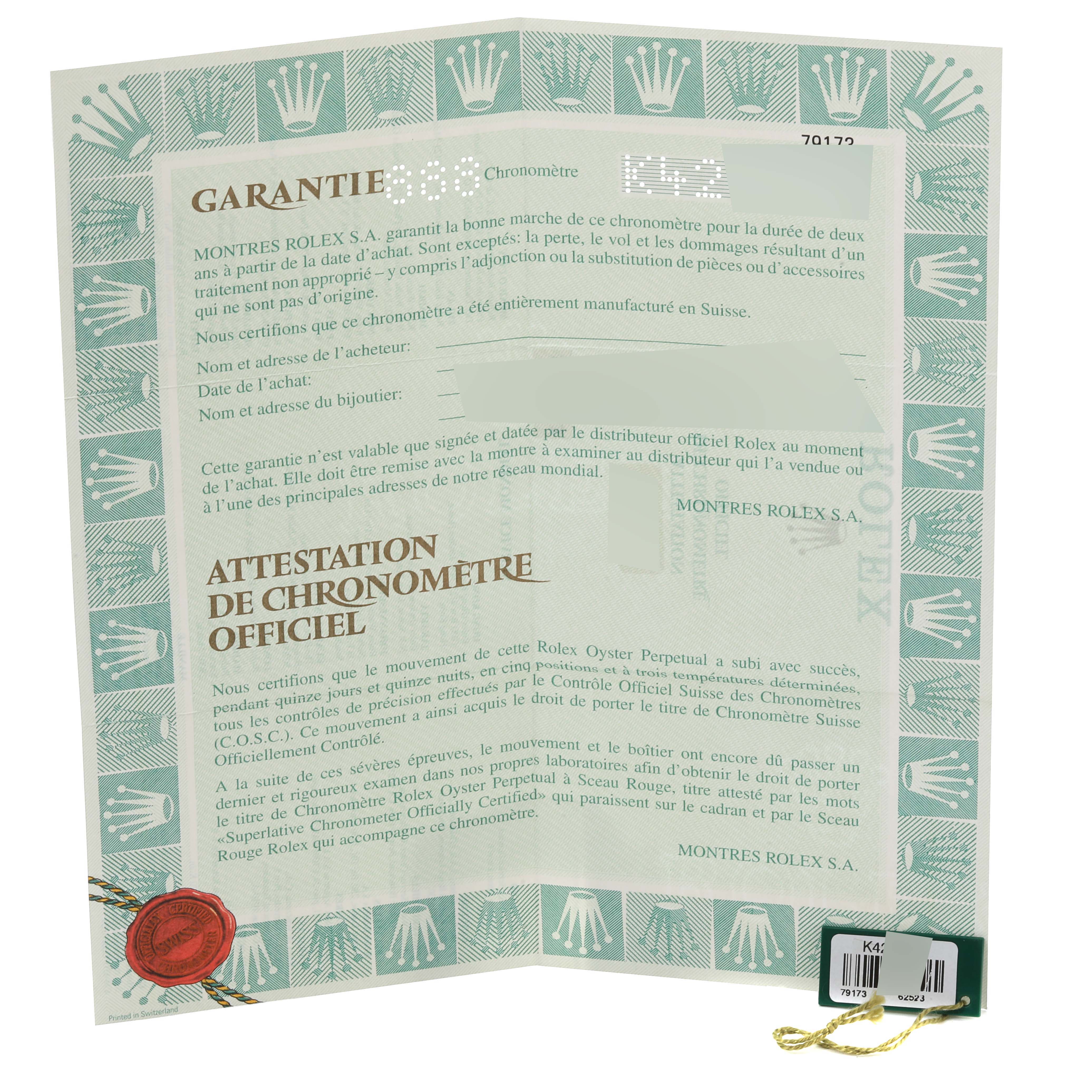 The image shows a warranty certificate for a Rolex Datejust 79173 Women's Steel and Gold (two tone) White Dial 79173 Women's Steel and Gold (two tone) White Dial watch, emphasizing validation and official attestation.