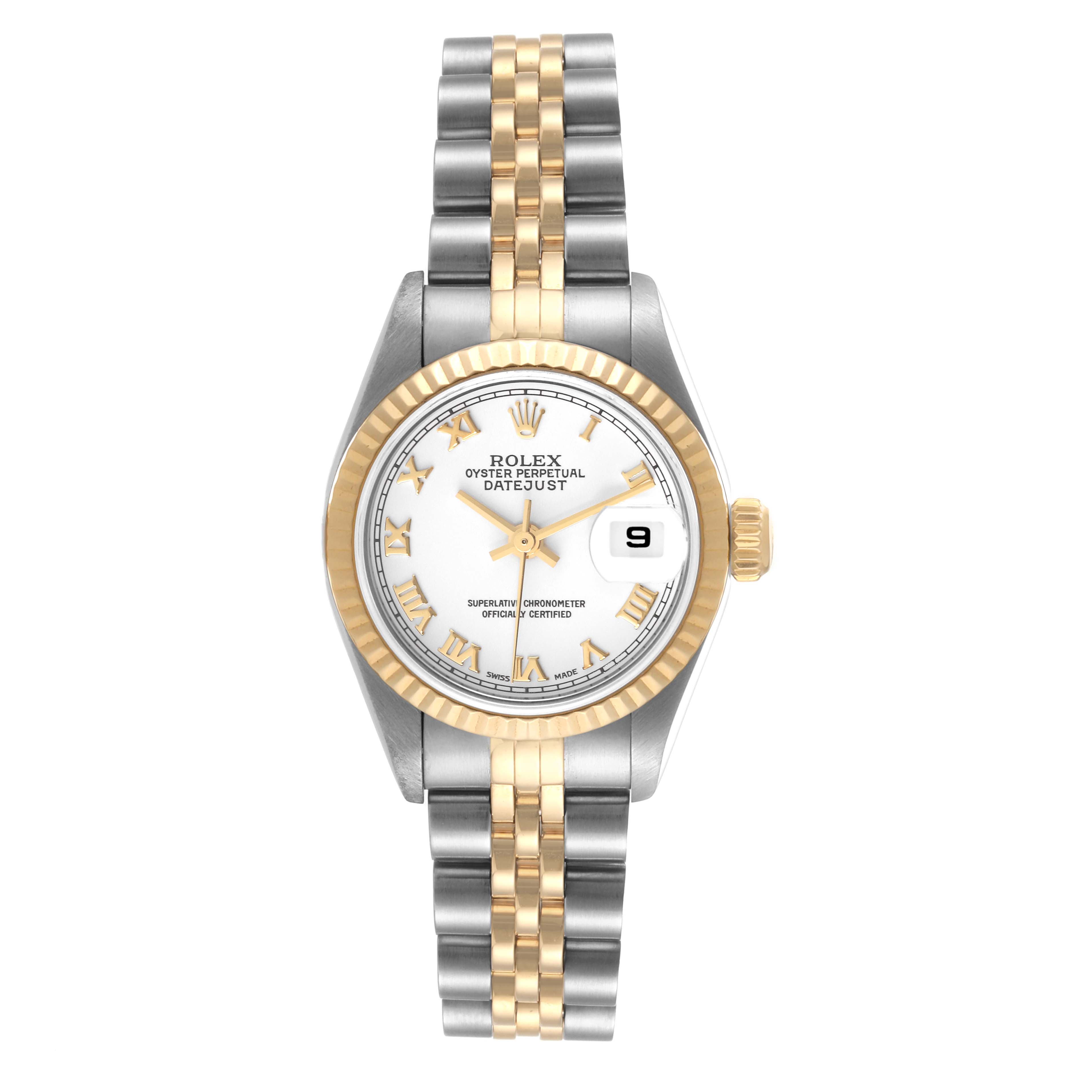 The image shows a Rolex Datejust 79173 Women's Steel and Gold (two tone) White Dial 79173 Women's Steel and Gold (two tone) White Dial watch from a front angle, displaying the face, bezel, and bracelet.