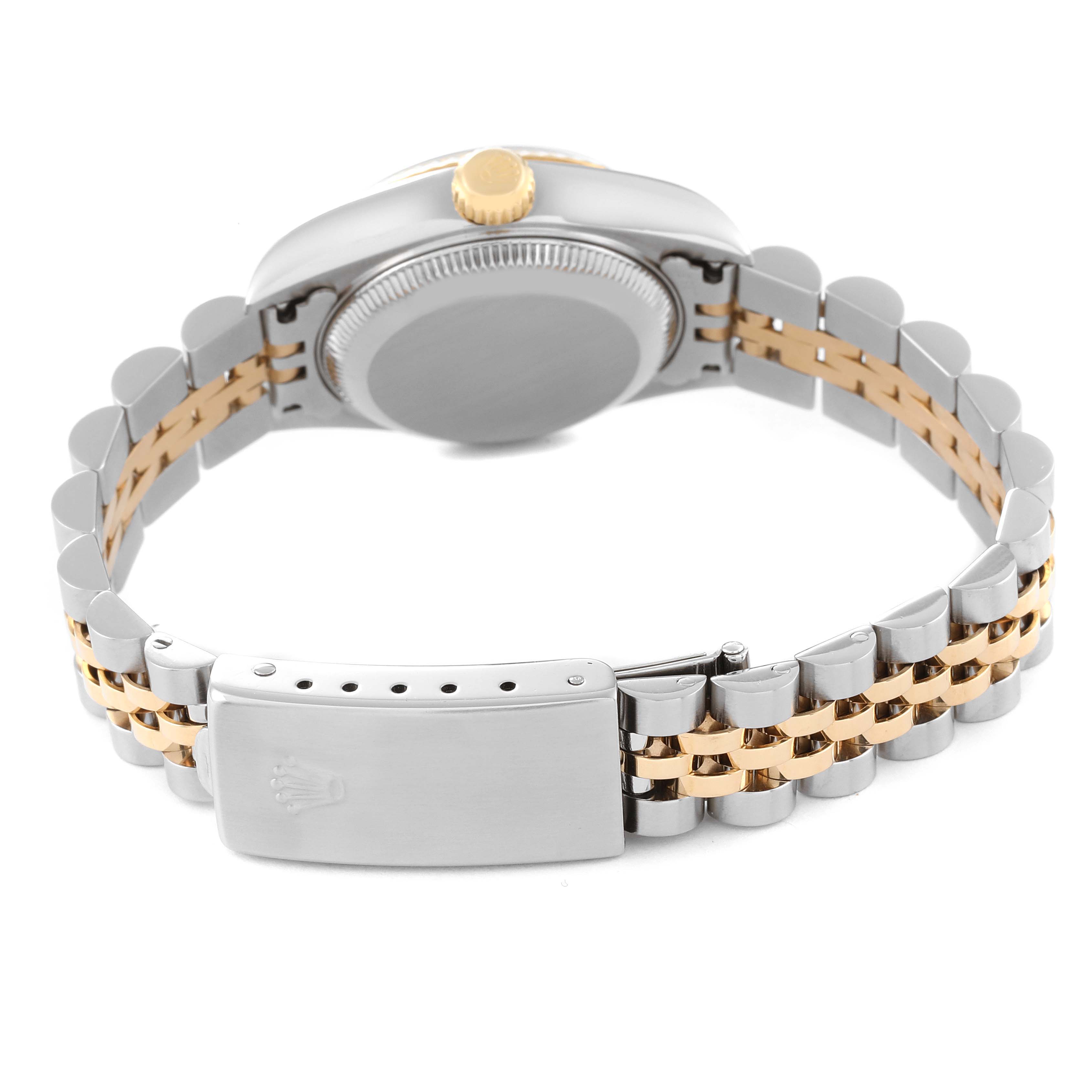 The image shows the back view of a Rolex Datejust 79173 Women's Steel and Gold (two tone) White Dial 79173 Women's Steel and Gold (two tone) White Dial watch, highlighting its two-tone bracelet and closed clasp.