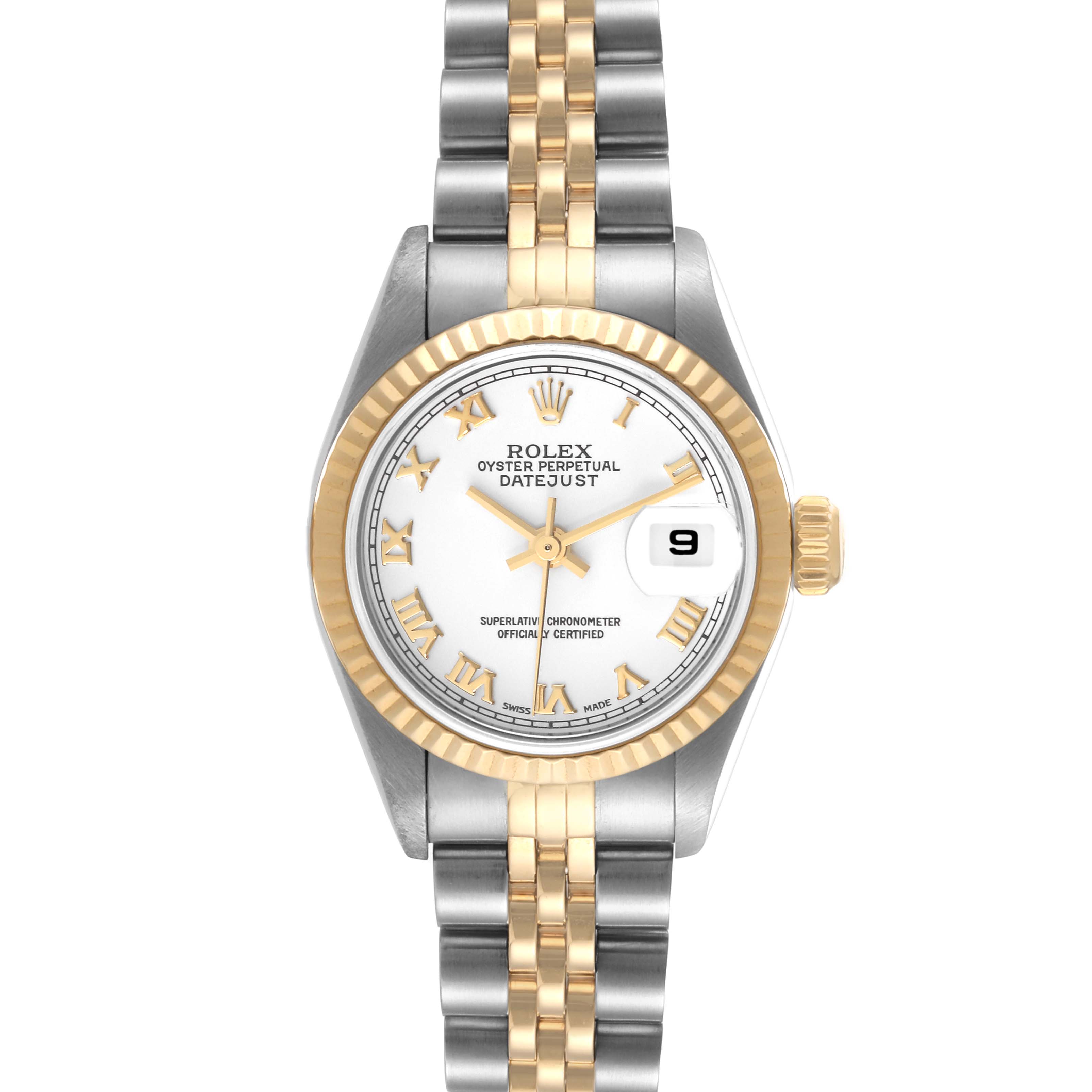 The image shows a front view of a Rolex Datejust 79173 Women's Steel and Gold (two tone) White Dial 79173 Women's Steel and Gold (two tone) White Dial watch featuring a two-tone bracelet and a white dial with Roman numerals.