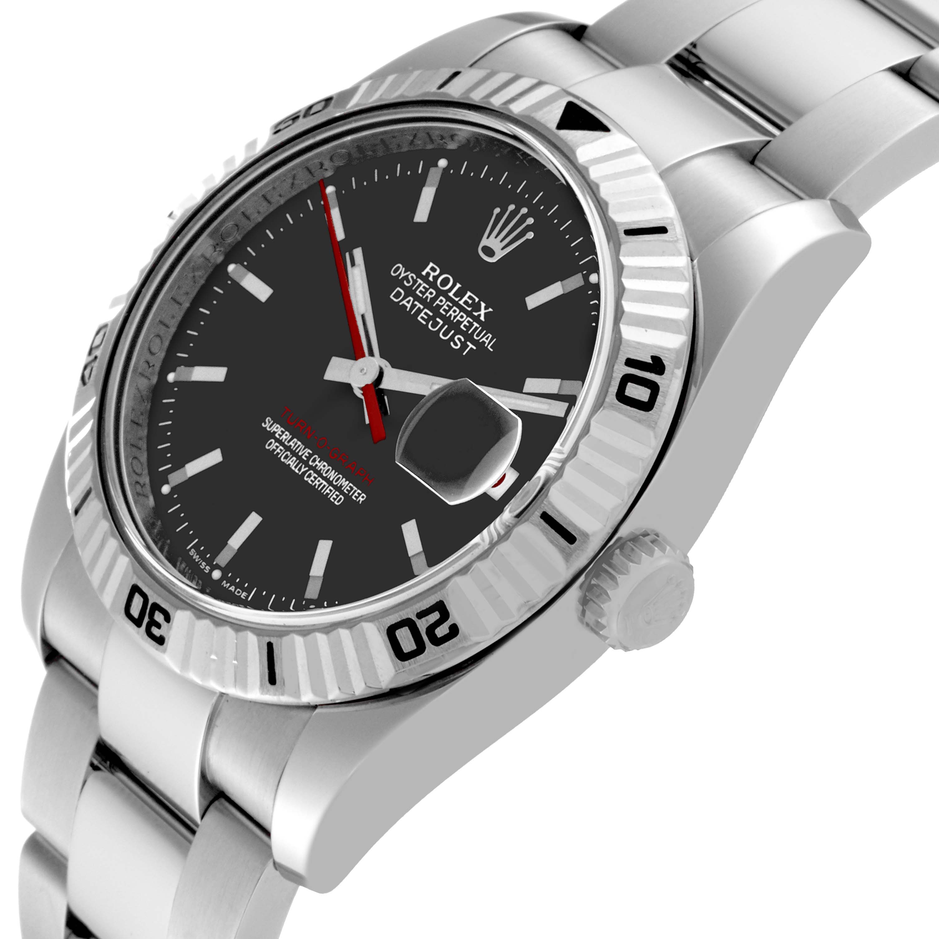 The image shows a side angle of the Rolex Turn-o-Graph 116264 Men's Stainless Steel Black Dial 116264 Men's Stainless Steel Black Dial Datejust watch, displaying the dial, bezel, crown, and part of the bracelet.