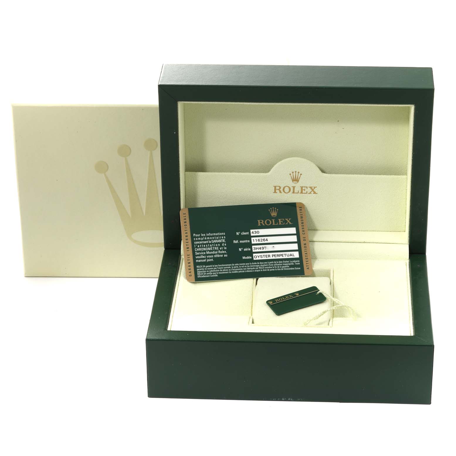 The image shows the packaging and accessories for a Rolex Turn-o-Graph 116264 Men's Stainless Steel Black Dial 116264 Men's Stainless Steel Black Dial, including a box, tags, and certification card.