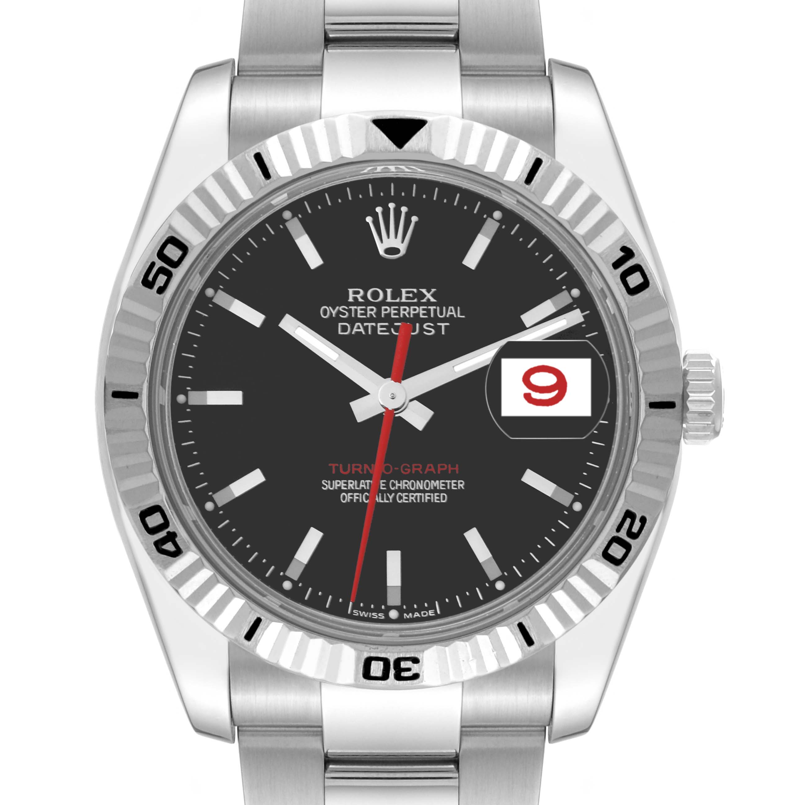 The image shows a front view of a Rolex Turn-o-Graph 116264 Men's Stainless Steel Black Dial 116264 Men's Stainless Steel Black Dial watch, highlighting its black dial, red second hand, silver bracelet, and date display.