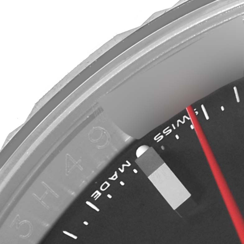 The image shows a close-up of the bezel and dial of the Rolex Turn-o-Graph 116264 Men's Stainless Steel Black Dial 116264 Men's Stainless Steel Black Dial watch, focusing on the "Swiss Made" text and part of the second-hand.