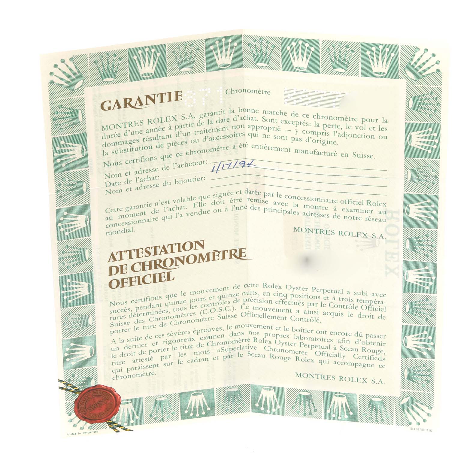 This image shows the guarantee certificate and chronometer attestation for the Rolex Datejust 16233 Men's Steel and Gold (two tone) White Dial 16233 Men's Steel and Gold (two tone) White Dial model.