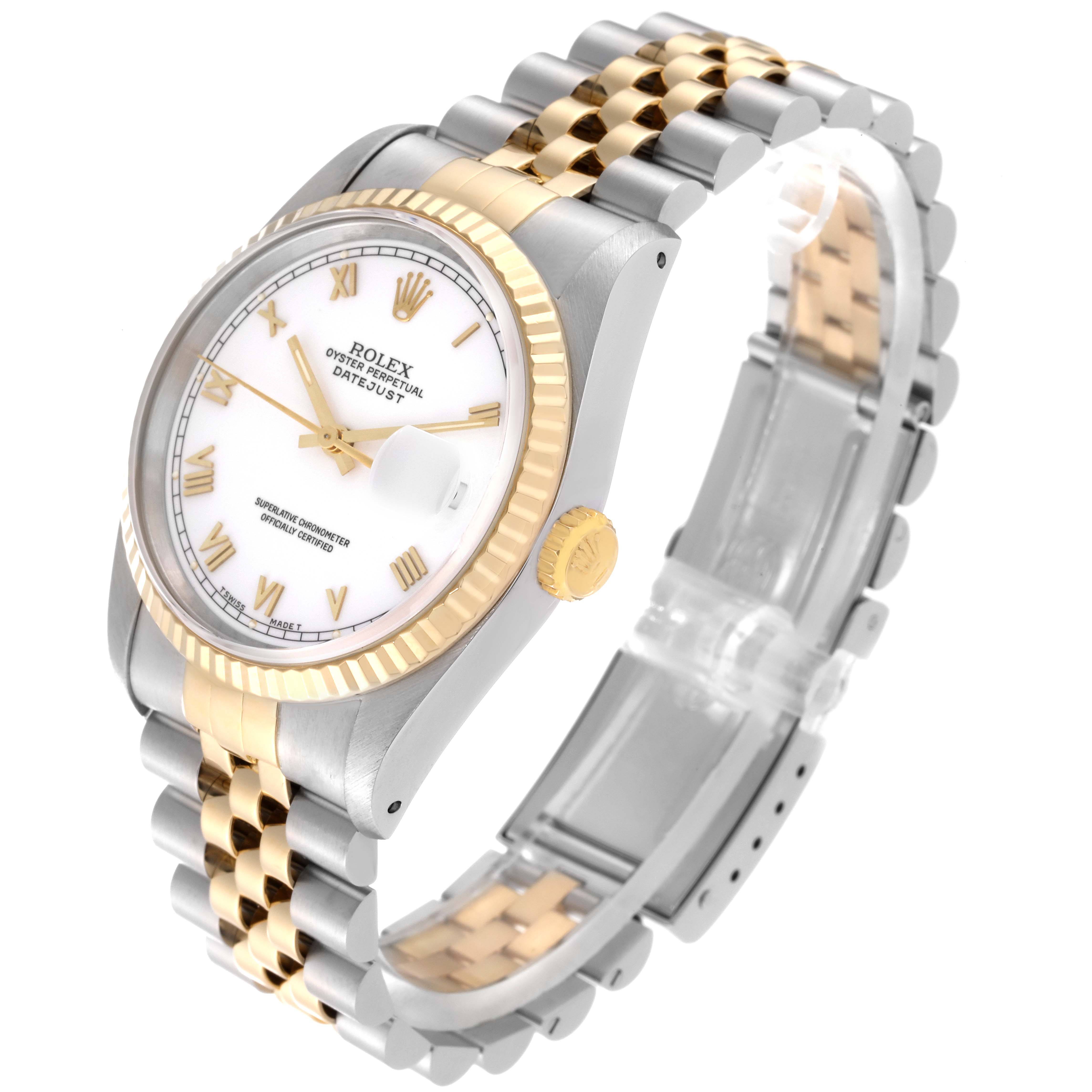 The Rolex Datejust 16233 Men's Steel and Gold (two tone) White Dial 16233 Men's Steel and Gold (two tone) White Dial watch is shown from an angle displaying its face, bracelet, bezel, and crown.