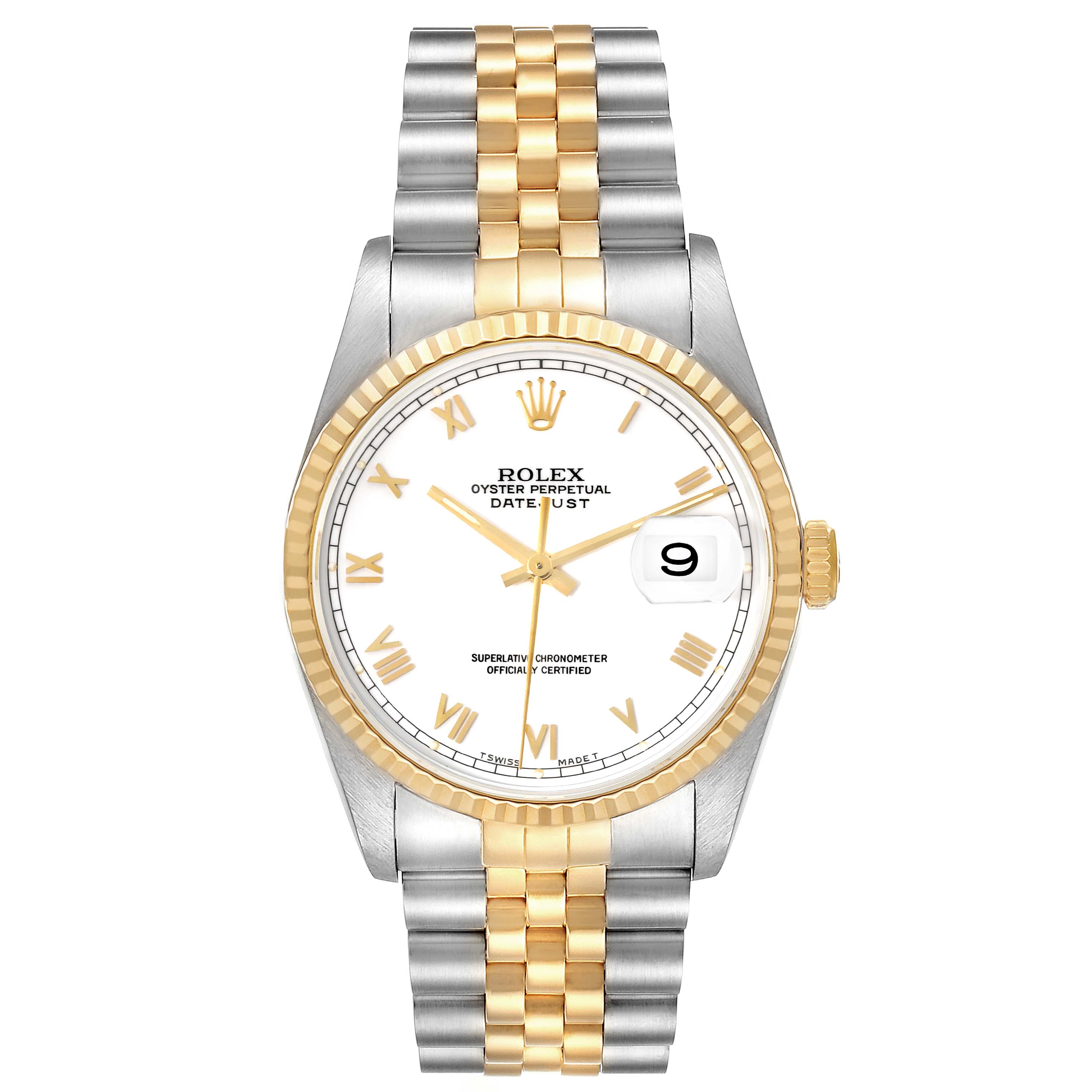 The Rolex Datejust 16233 Men's Steel and Gold (two tone) White Dial 16233 Men's Steel and Gold (two tone) White Dial watch is shown from a straight-on angle, displaying the face, bezel, and bracelet.