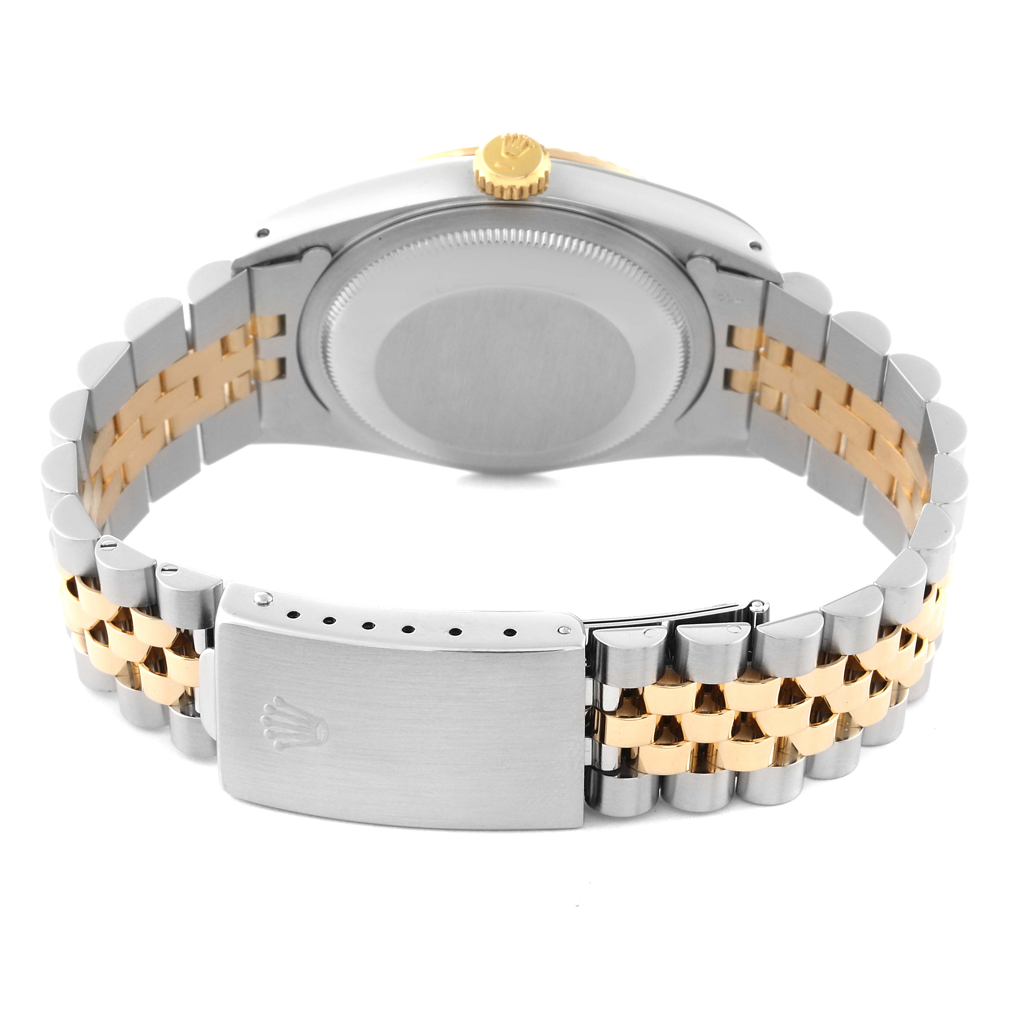 This image shows the back view of a Rolex Datejust 16233 Men's Steel and Gold (two tone) White Dial 16233 Men's Steel and Gold (two tone) White Dial watch, displaying the case back, crown, and Jubilee bracelet with a clasp.