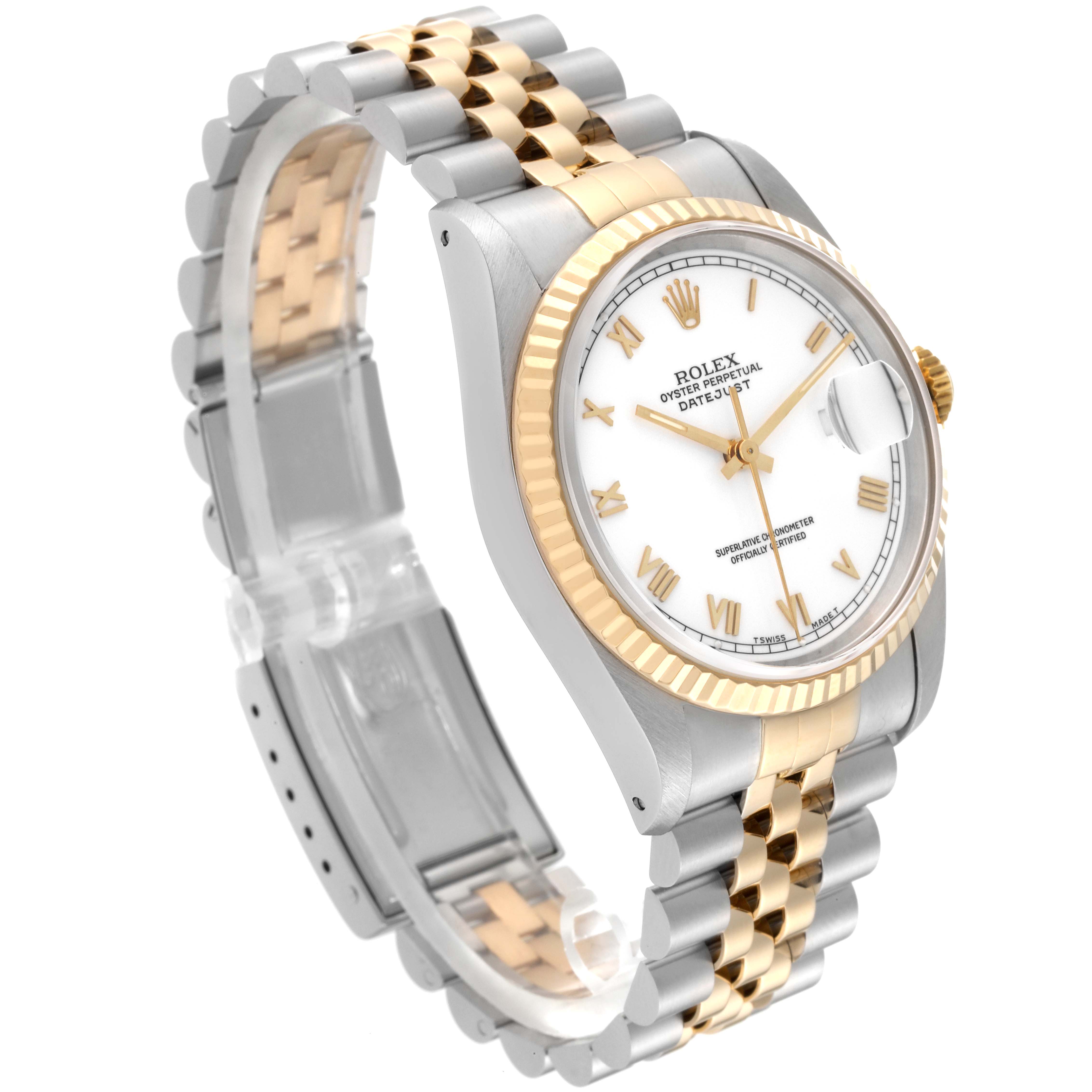 The Rolex Datejust 16233 Men's Steel and Gold (two tone) White Dial 16233 Men's Steel and Gold (two tone) White Dial watch is shown at a three-quarter angle, highlighting its two-tone bracelet, white dial, and fluted bezel.