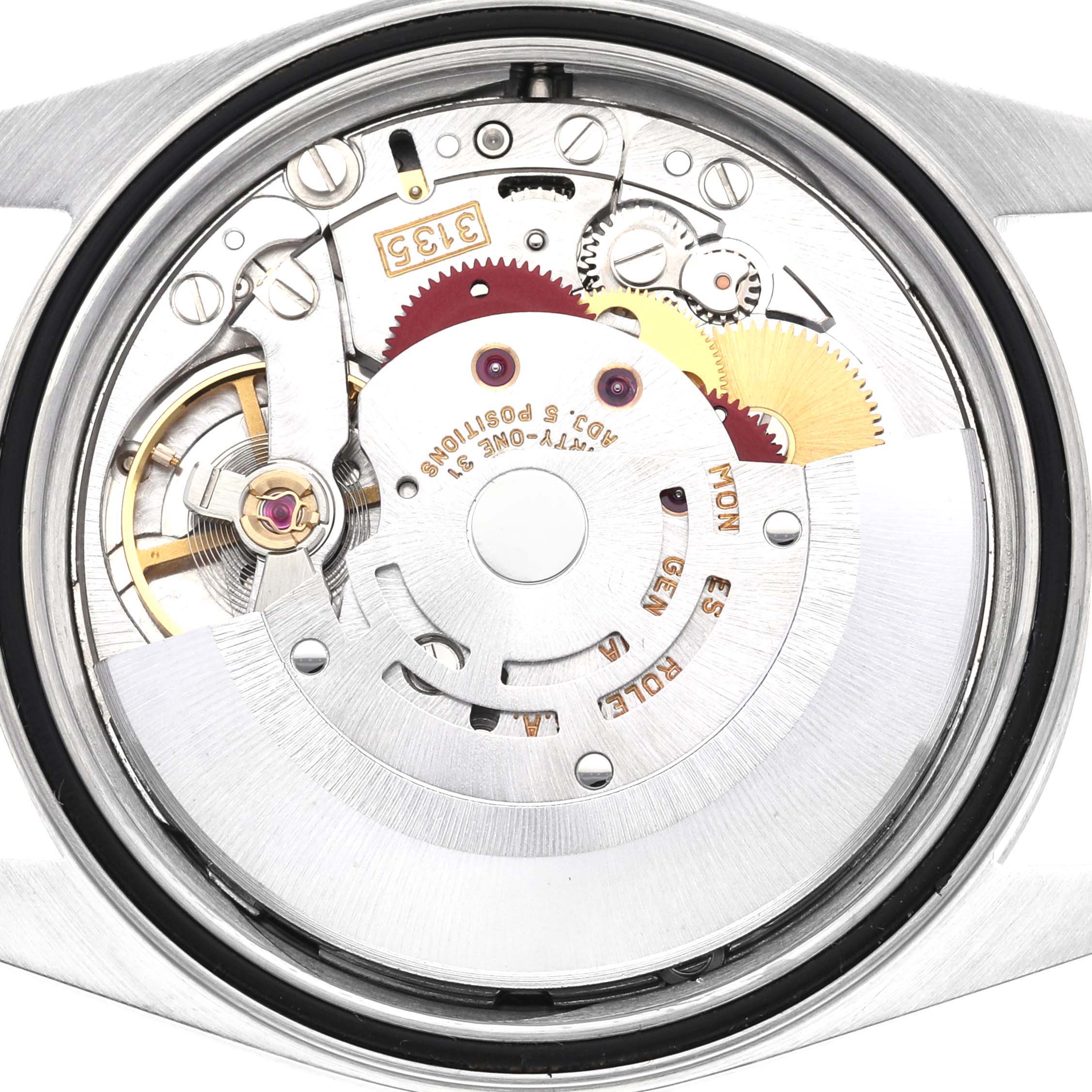 The image shows the internal mechanism and movement of a Rolex Datejust 16233 Men's Steel and Gold (two tone) White Dial 16233 Men's Steel and Gold (two tone) White Dial model watch from a top-down angle.