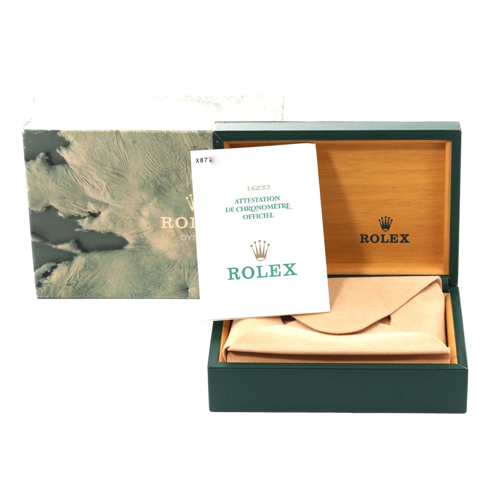 The image shows the open box and documentation for the Rolex Datejust 16233 Men's Steel and Gold (two tone) White Dial 16233 Men's Steel and Gold (two tone) White Dial watch.