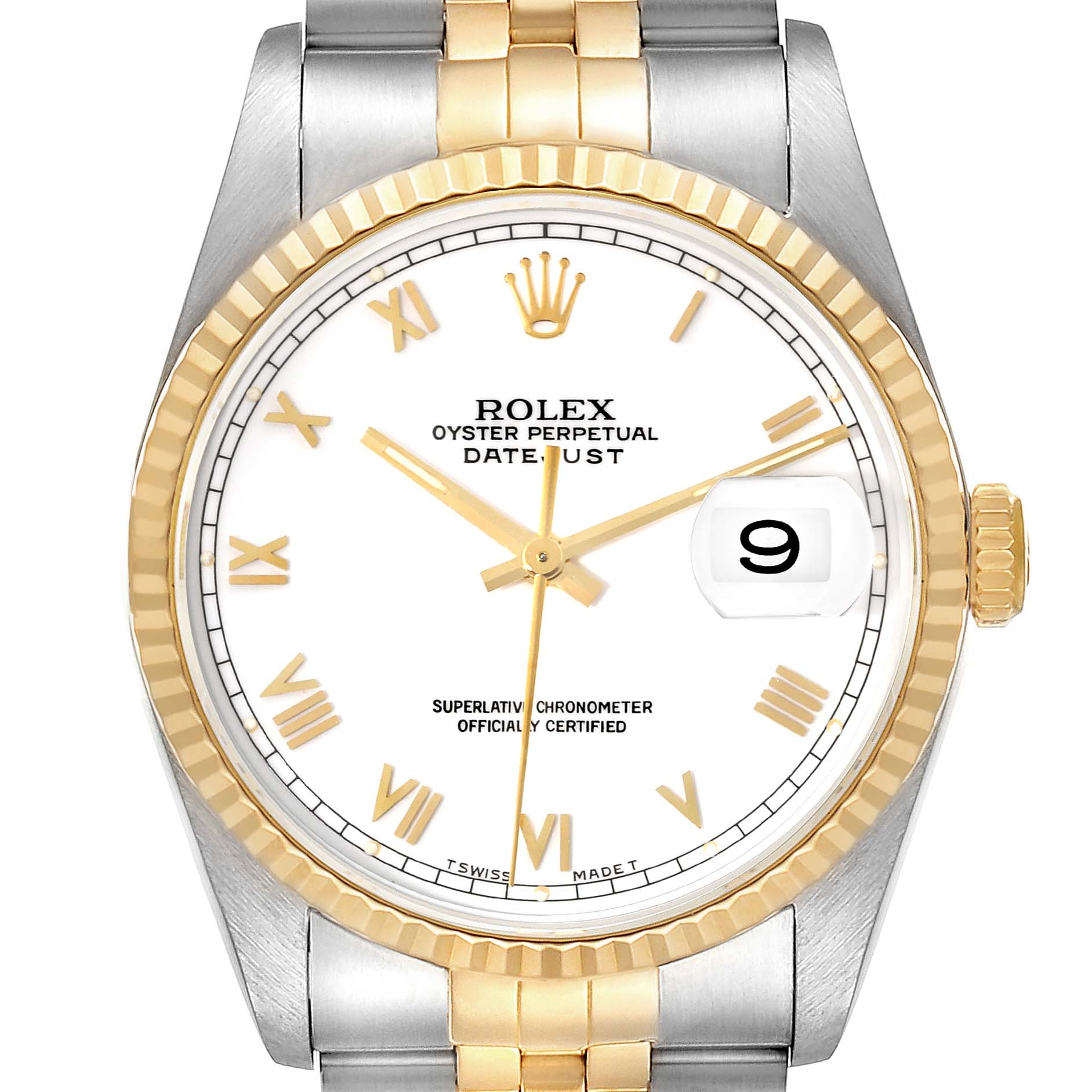 The image shows a frontal view of the Rolex Datejust 16233 Men's Steel and Gold (two tone) White Dial 16233 Men's Steel and Gold (two tone) White Dial watch, highlighting the dial, crown, and bezel.