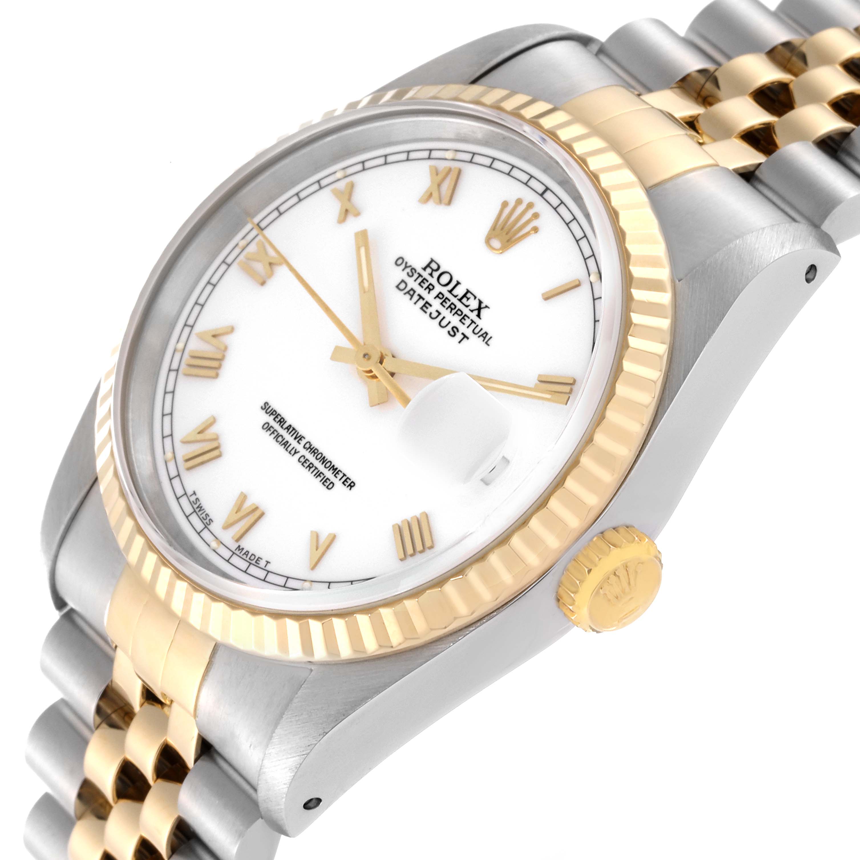 This image shows a Rolex Datejust 16233 Men's Steel and Gold (two tone) White Dial 16233 Men's Steel and Gold (two tone) White Dial watch at an angle highlighting the bezel, dial, bracelet, and crown.