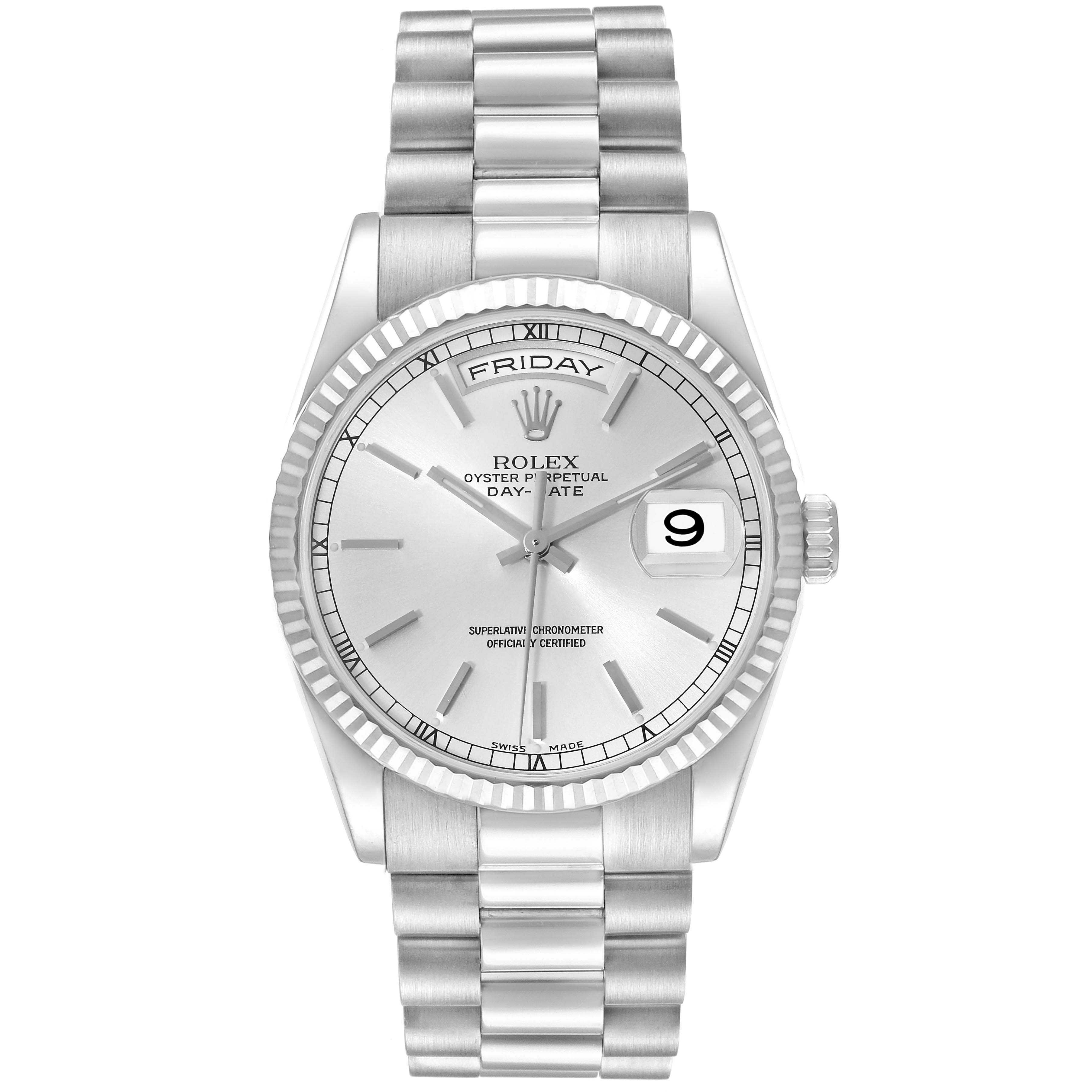 The image shows the front view of a Rolex President OFFICIALLY CERTIFIED CHRONOMETER SELF-WINDING MOVEMENT. Men's White Gold Silver Dial OFFICIALLY CERTIFIED CHRONOMETER SELF-WINDING MOVEMENT. Men's White Gold Silver Dial model watch, featuring its dial, day-date display, and bracelet.