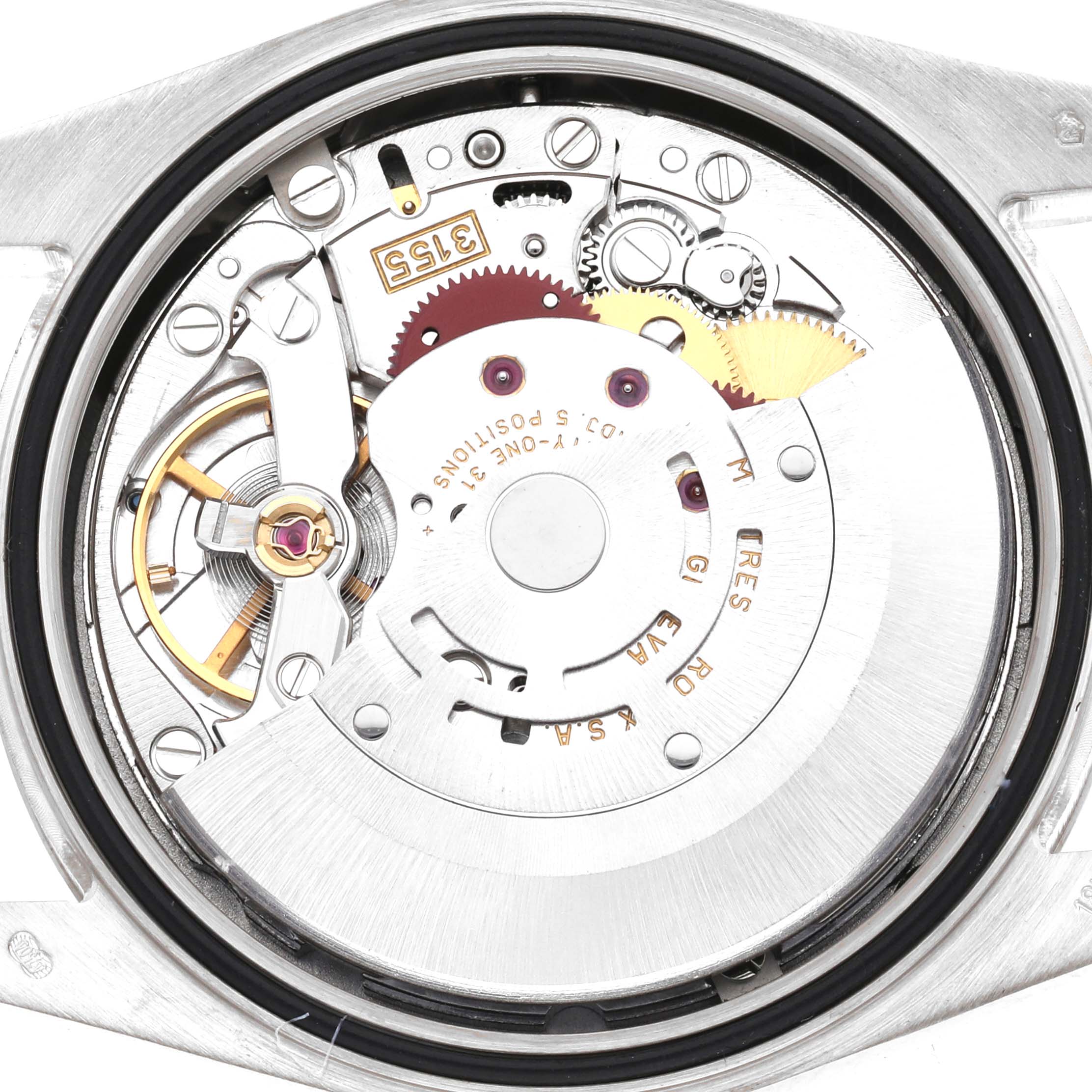 The image shows the internal mechanism of a Rolex President OFFICIALLY CERTIFIED CHRONOMETER SELF-WINDING MOVEMENT. Men's White Gold Silver Dial OFFICIALLY CERTIFIED CHRONOMETER SELF-WINDING MOVEMENT. Men's White Gold Silver Dial model watch, viewed from the back with its case removed.