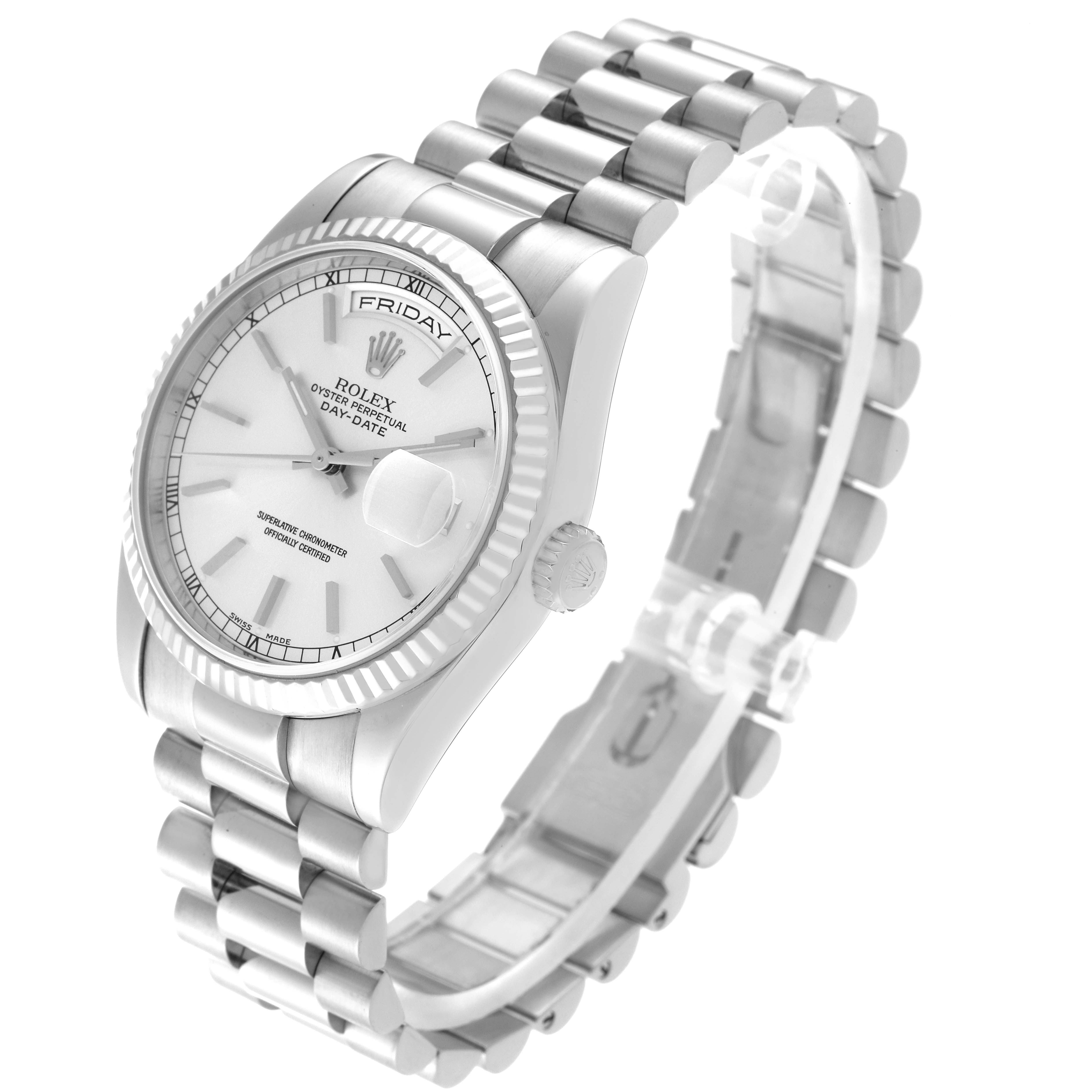 The image shows a Rolex President OFFICIALLY CERTIFIED CHRONOMETER SELF-WINDING MOVEMENT. Men's White Gold Silver Dial OFFICIALLY CERTIFIED CHRONOMETER SELF-WINDING MOVEMENT. Men's White Gold Silver Dial model watch, viewed from an angled perspective highlighting the dial, bezel, and bracelet.