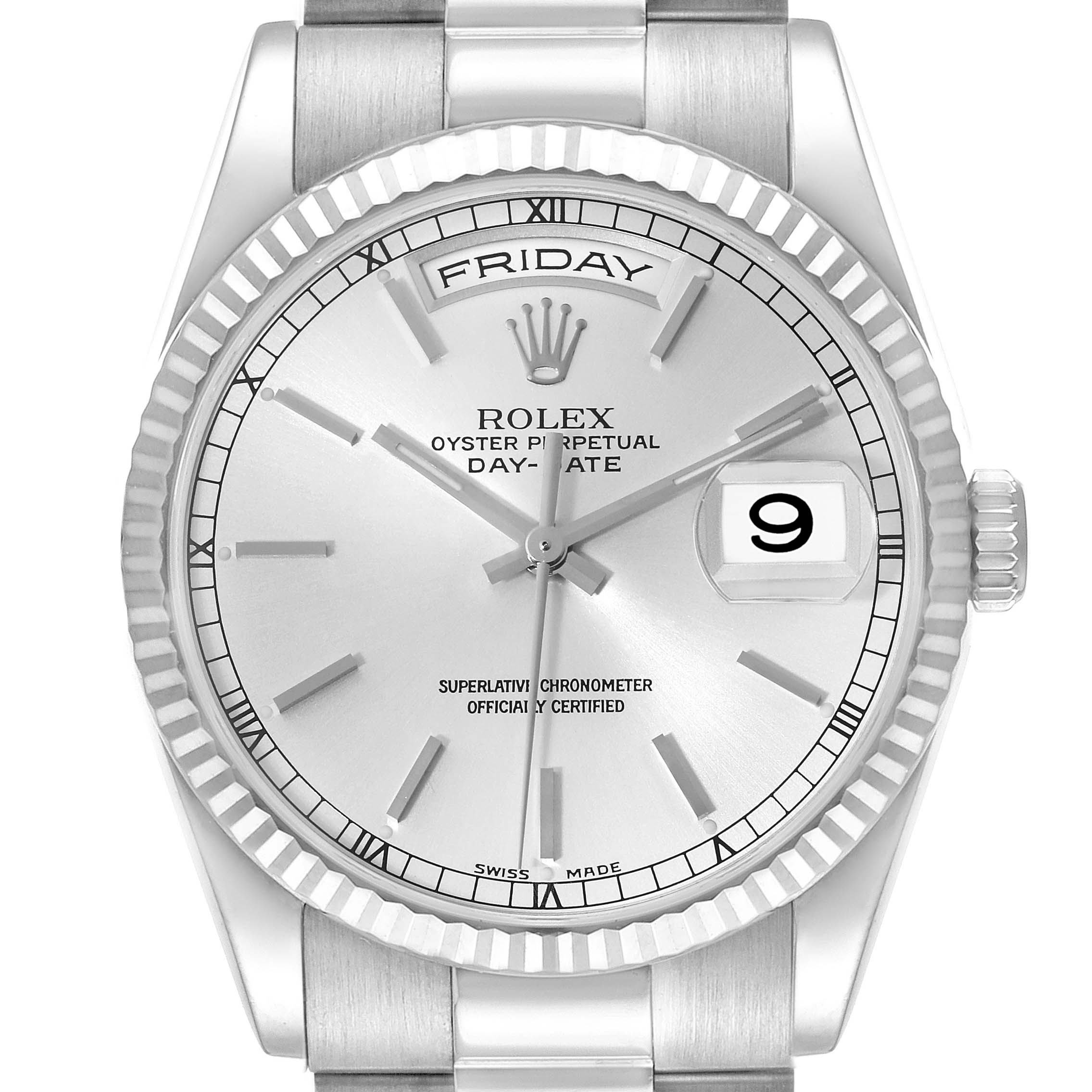 This image showcases a Rolex President OFFICIALLY CERTIFIED CHRONOMETER SELF-WINDING MOVEMENT. Men's White Gold Silver Dial OFFICIALLY CERTIFIED CHRONOMETER SELF-WINDING MOVEMENT. Men's White Gold Silver Dial model watch face, highlighting the day and date indicators.