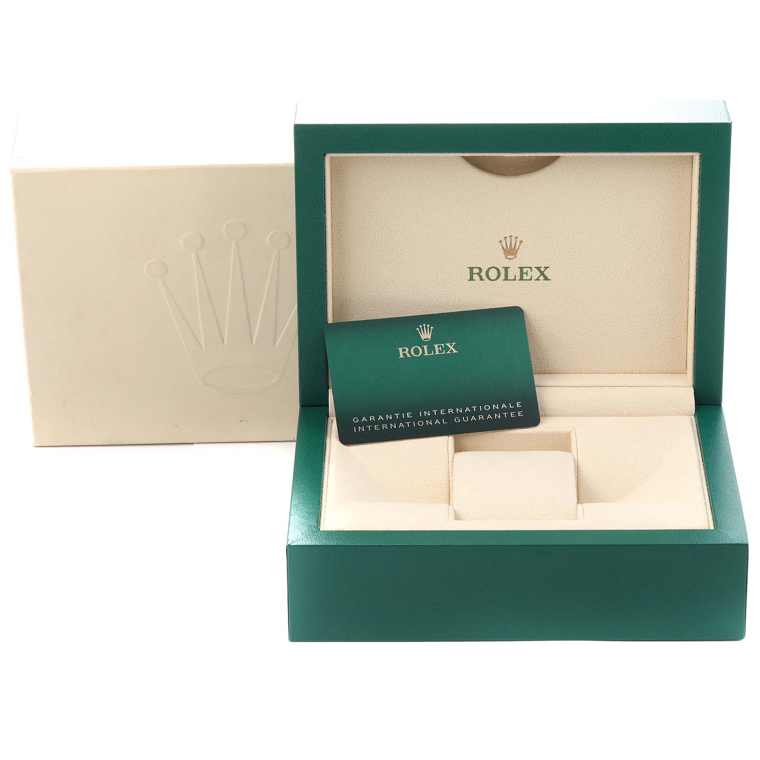 The image shows a Rolex Daytona 116503 Men
s Steel and Gold (two tone) Mother of Pearl Dial 116503 Men
s Steel and Gold (two tone) Mother of Pearl Dial watch box, angled open, displaying the international guarantee card inside.