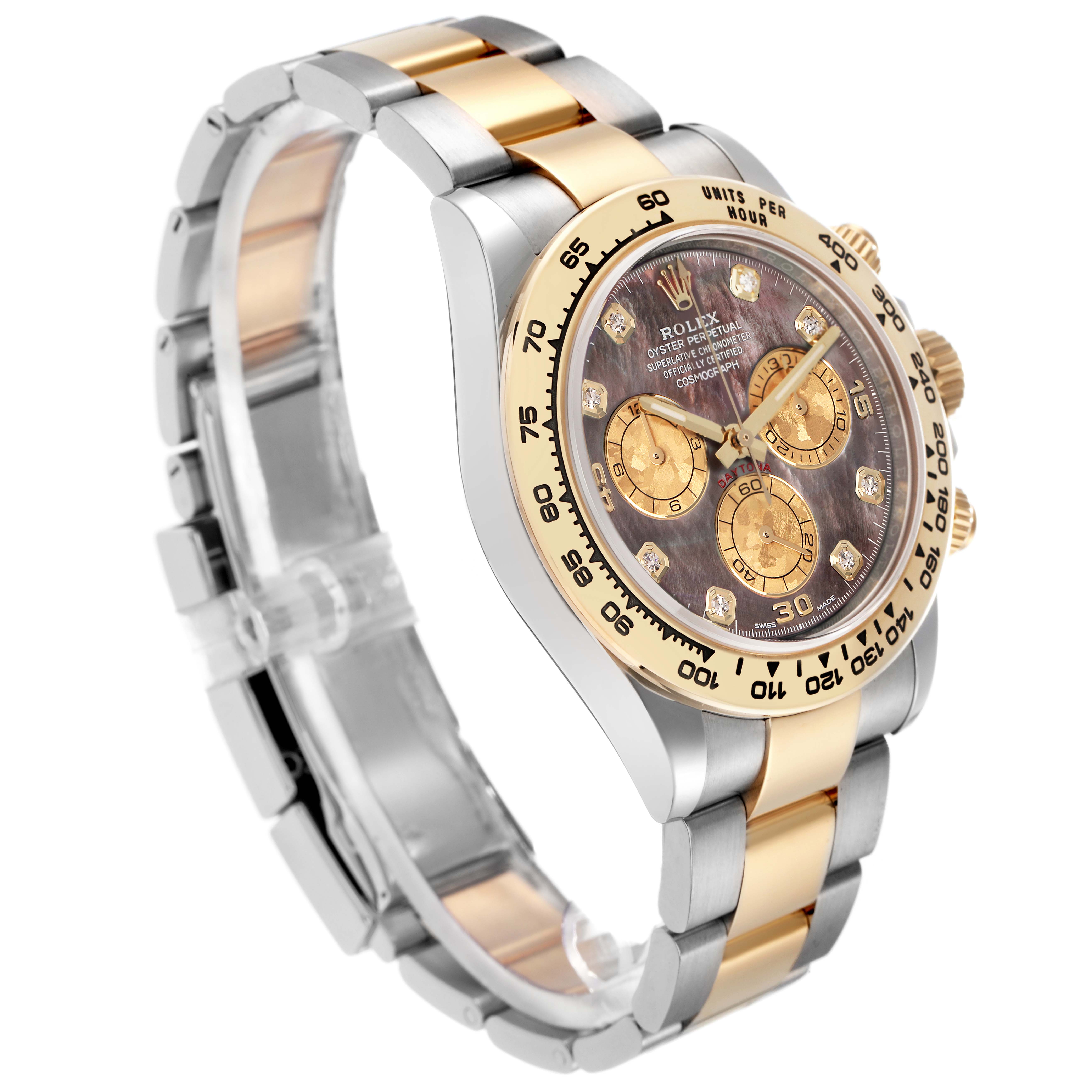 The image shows a Rolex Daytona 116503 Men
s Steel and Gold (two tone) Mother of Pearl Dial 116503 Men
s Steel and Gold (two tone) Mother of Pearl Dial watch at a three-quarter angle highlighting its bezel, dial, and two-tone bracelet.
