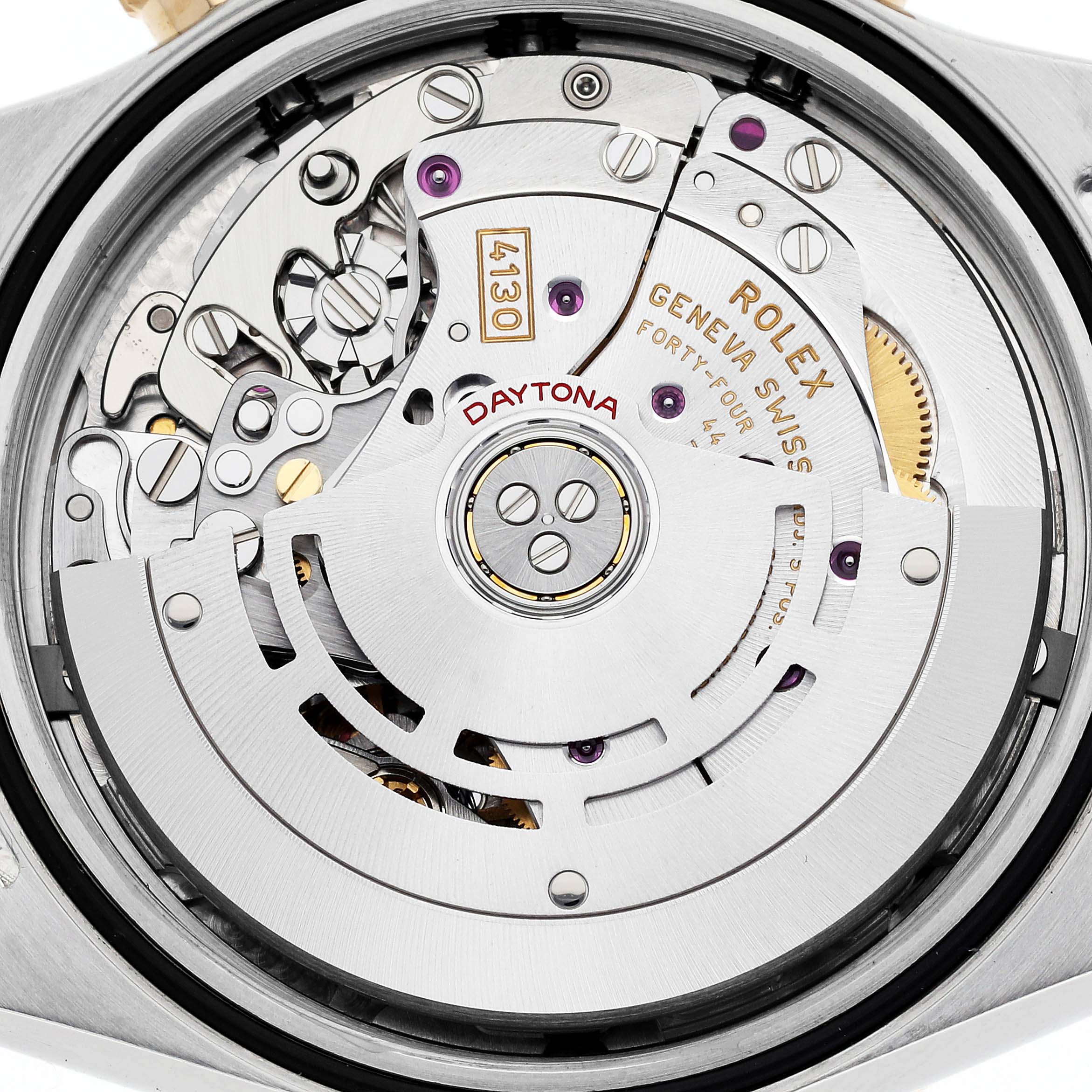The image shows the movement and rotor of a Rolex Daytona 116503 Men
s Steel and Gold (two tone) Mother of Pearl Dial 116503 Men
s Steel and Gold (two tone) Mother of Pearl Dial watch from the back view.