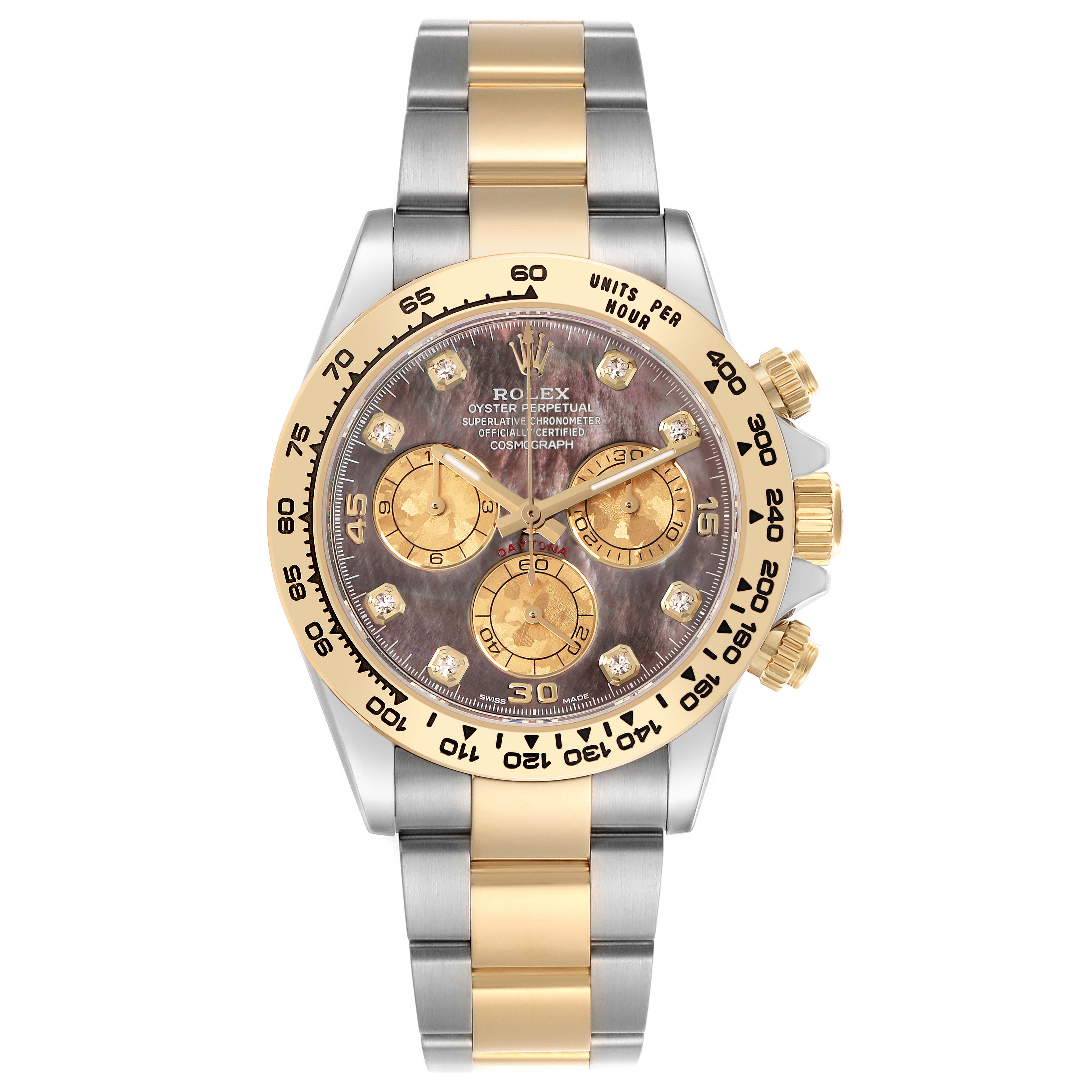The Rolex Daytona 116503 Men
s Steel and Gold (two tone) Mother of Pearl Dial 116503 Men
s Steel and Gold (two tone) Mother of Pearl Dial watch is shown from the front, highlighting its bezel, dial, sub-dials, and two-tone bracelet.