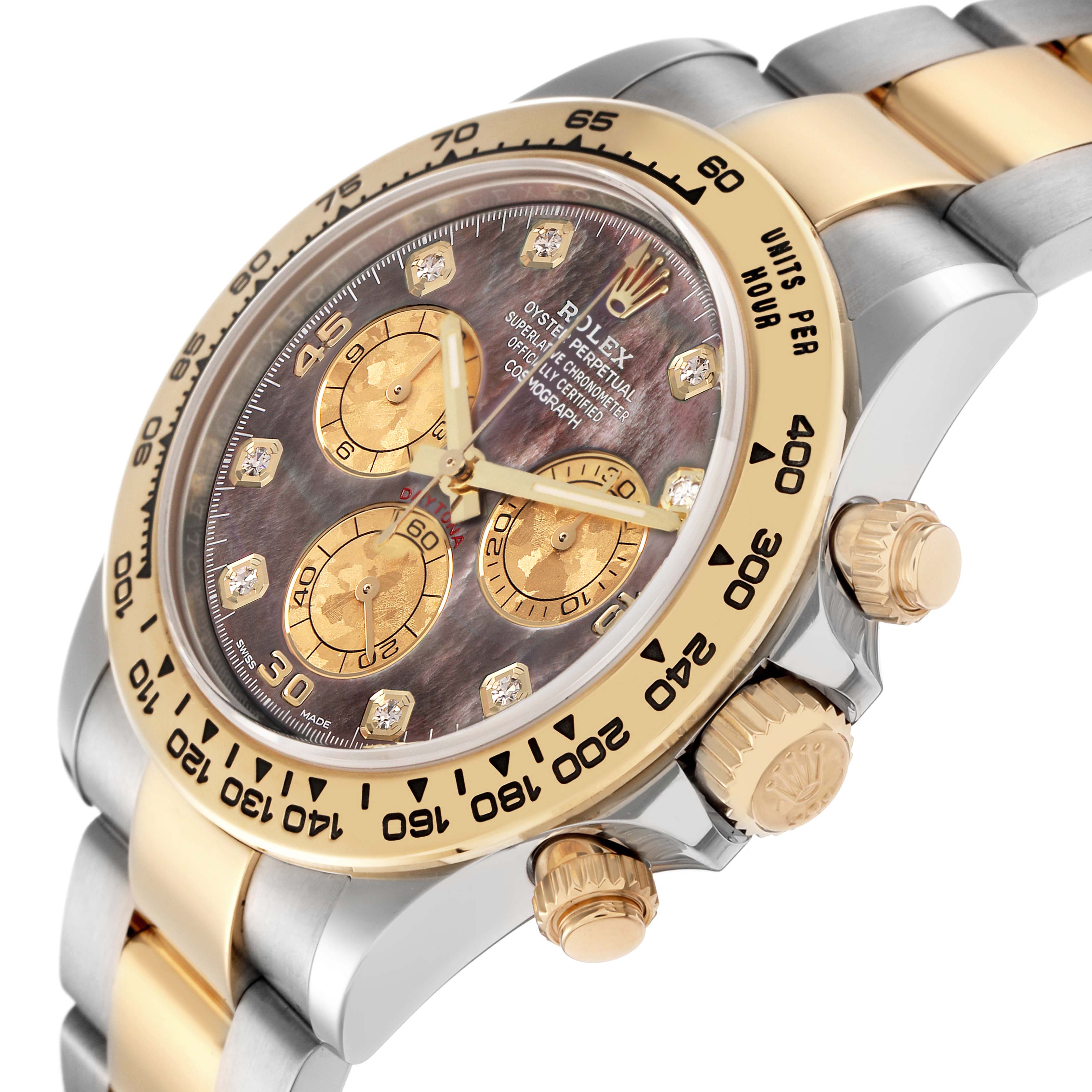 The image shows a side-angle of the Rolex Daytona 116503 Men
s Steel and Gold (two tone) Mother of Pearl Dial 116503 Men
s Steel and Gold (two tone) Mother of Pearl Dial, highlighting the bezel, dial, crown, and bracelet.
