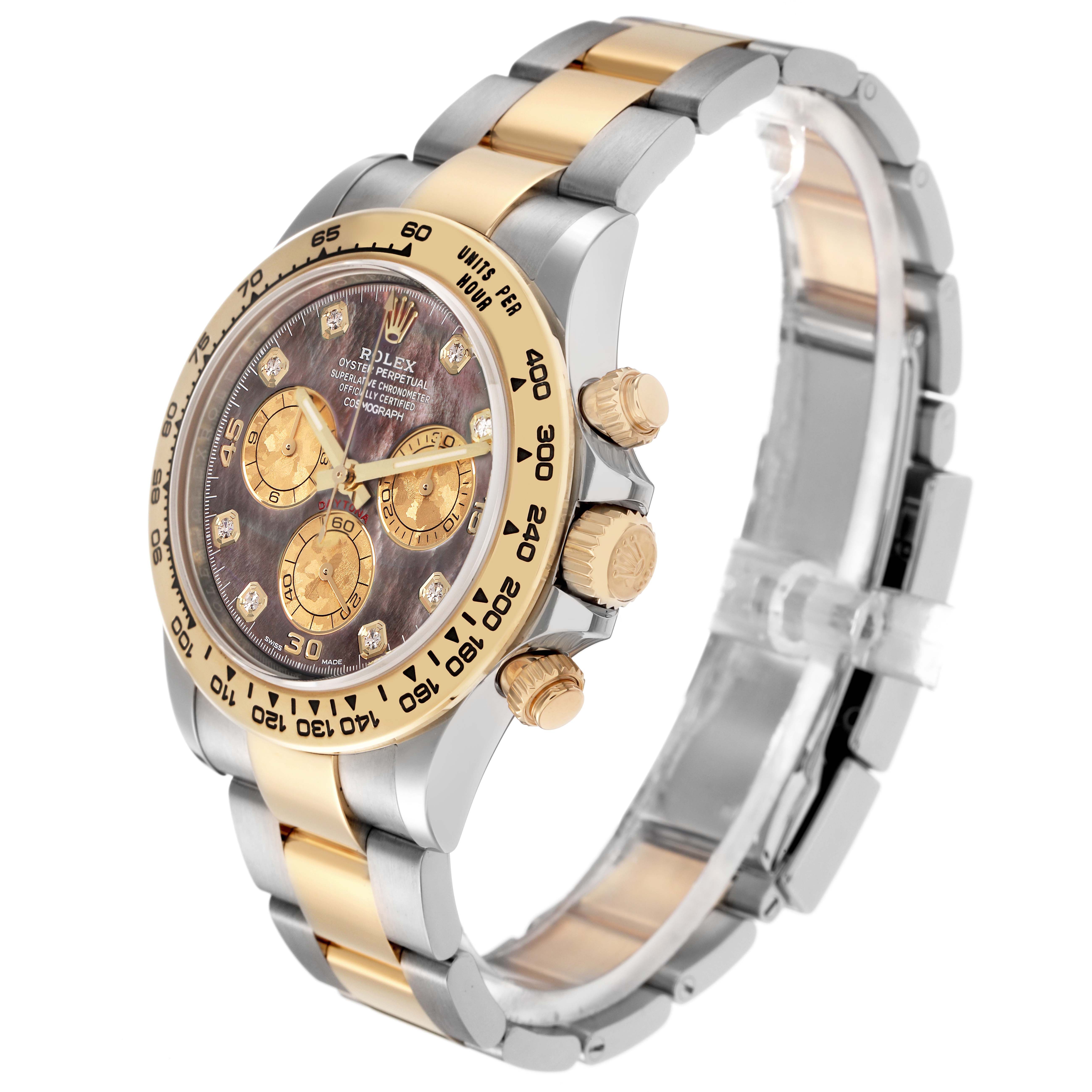 The Rolex Daytona 116503 Men
s Steel and Gold (two tone) Mother of Pearl Dial 116503 Men
s Steel and Gold (two tone) Mother of Pearl Dial watch is shown at a slight angle, displaying its face, bezel, pushers, and two-tone bracelet.