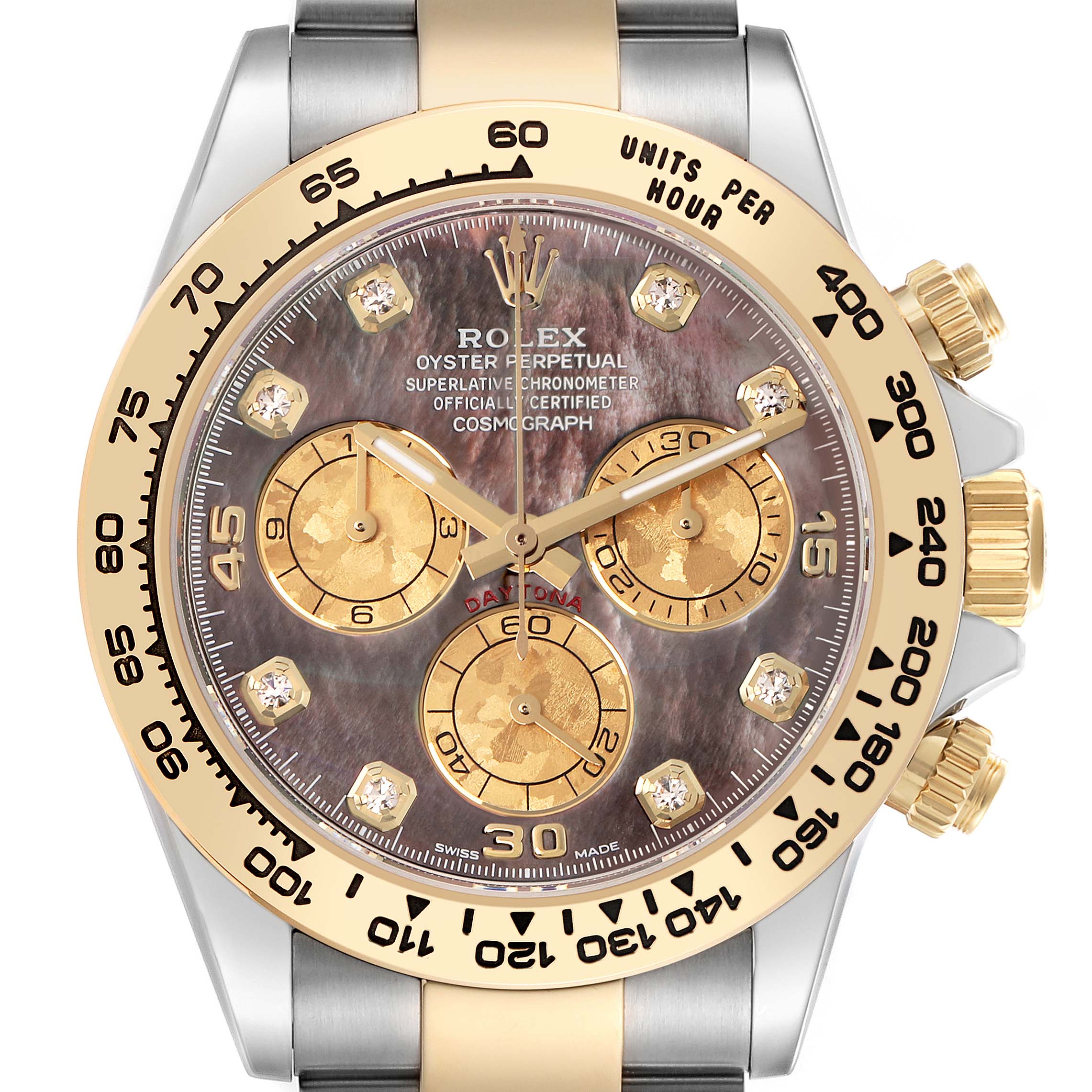 The image shows a front view of a Rolex Daytona 116503 Men
s Steel and Gold (two tone) Mother of Pearl Dial 116503 Men
s Steel and Gold (two tone) Mother of Pearl Dial watch, highlighting its bezel, dial, subdials, and crown.